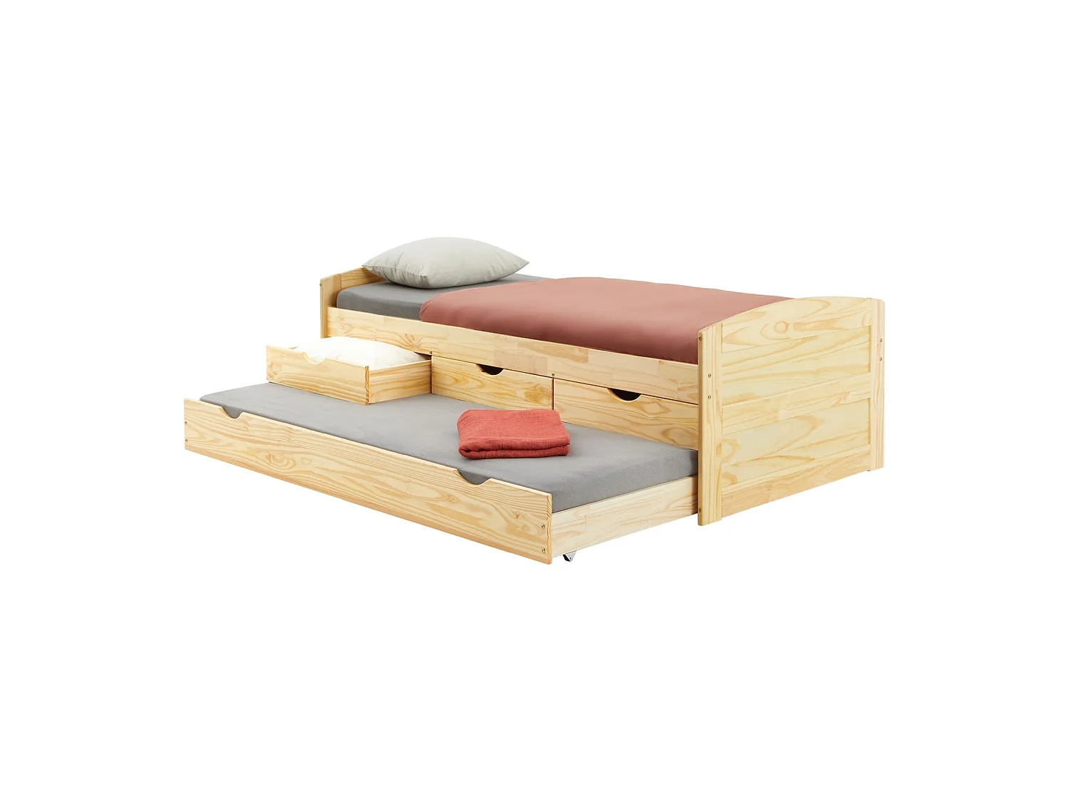 Lit gigogne JESSY lit enfant fonctionnel avec tiroir-lit et rangement 3 tiroirs, couchage 90x190 cm, en pin massif naturel