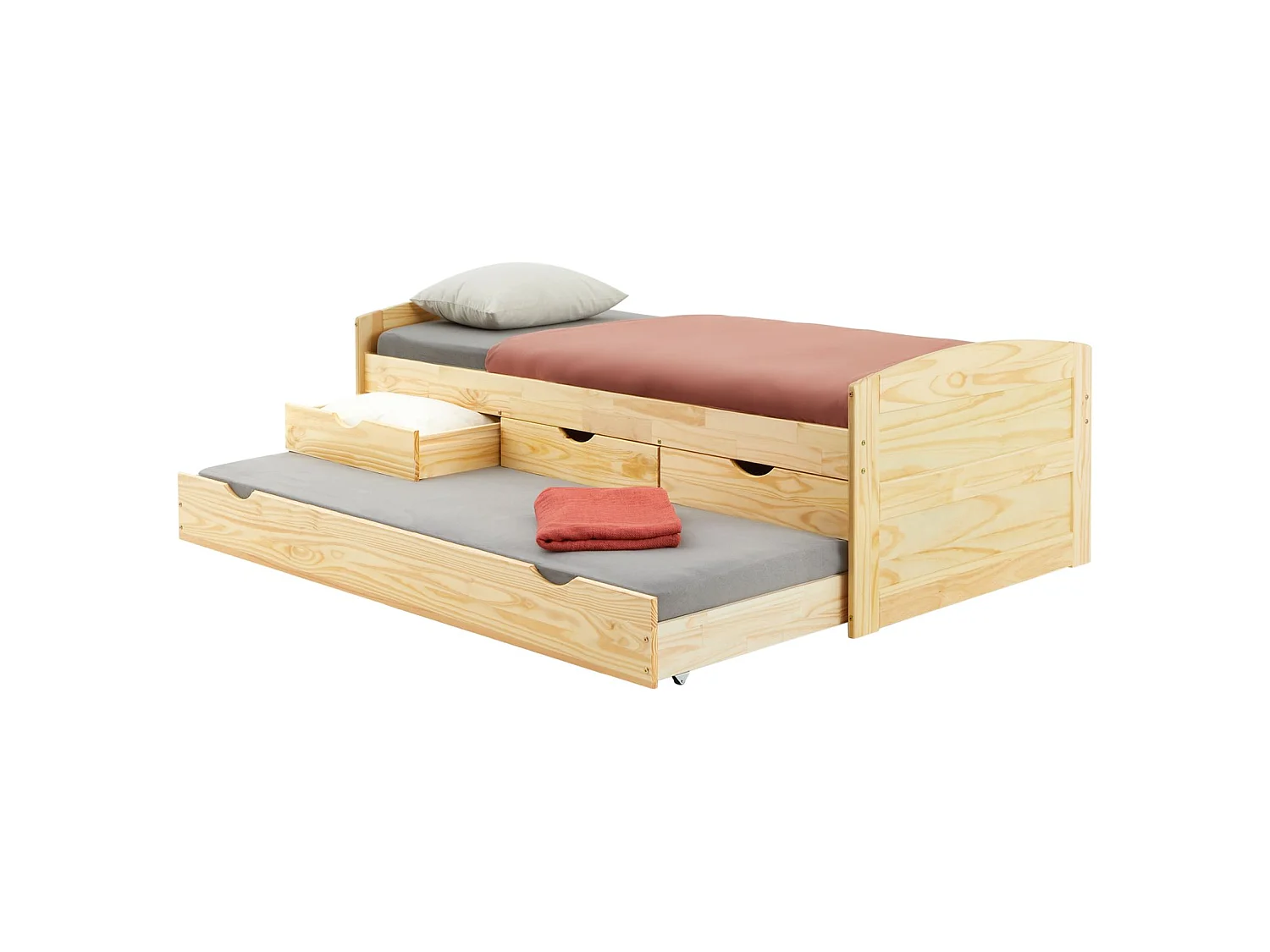 Lit gigogne JESSY lit enfant fonctionnel avec tiroir-lit et rangement 3 tiroirs, couchage 90x190 cm, en pin massif naturel