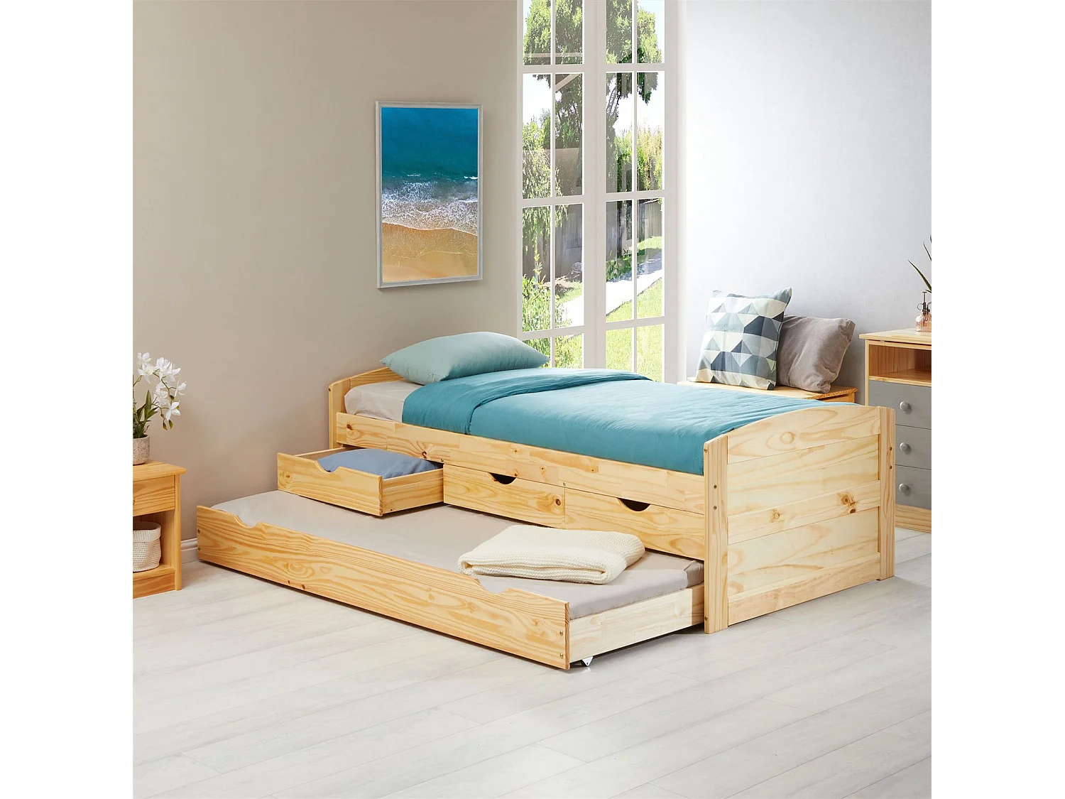 Lit gigogne JESSY lit enfant fonctionnel avec tiroir-lit et rangement 3 tiroirs, couchage 90x190 cm, en pin massif naturel