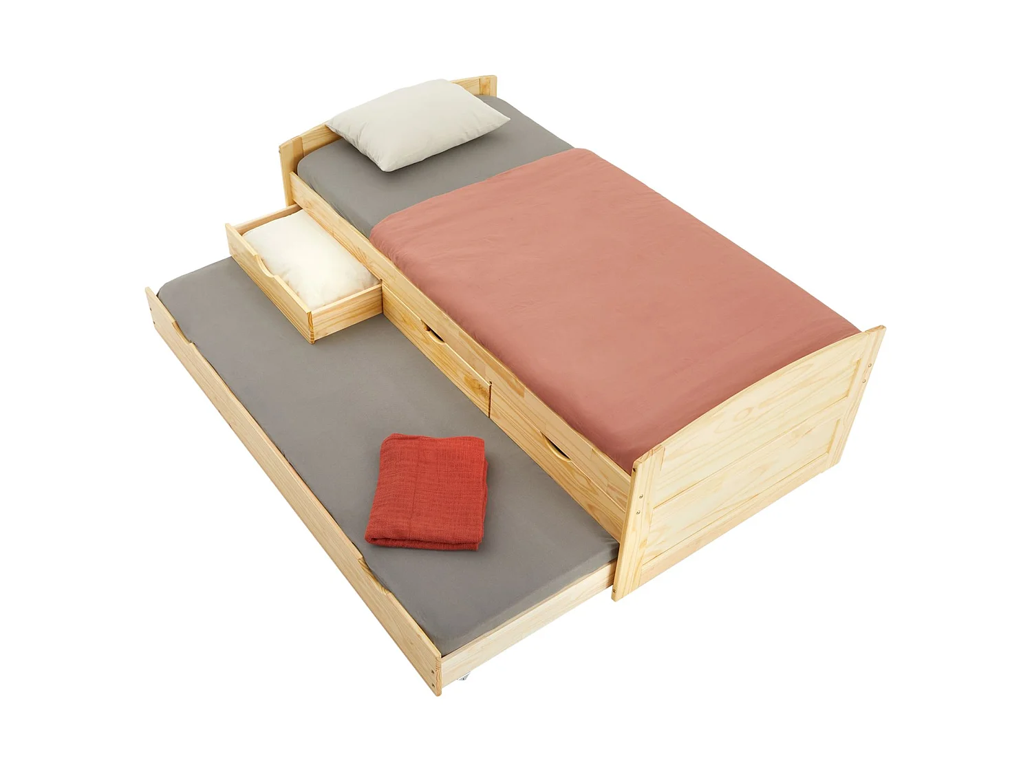 Lit gigogne JESSY lit enfant fonctionnel avec tiroir-lit et rangement 3 tiroirs, couchage 90x190 cm, en pin massif naturel