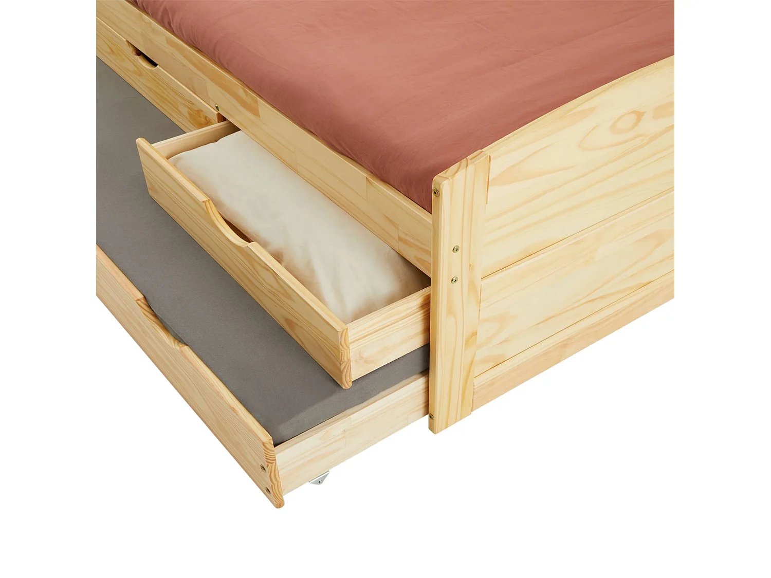 Lit gigogne JESSY lit enfant fonctionnel avec tiroir-lit et rangement 3 tiroirs, couchage 90x190 cm, en pin massif naturel