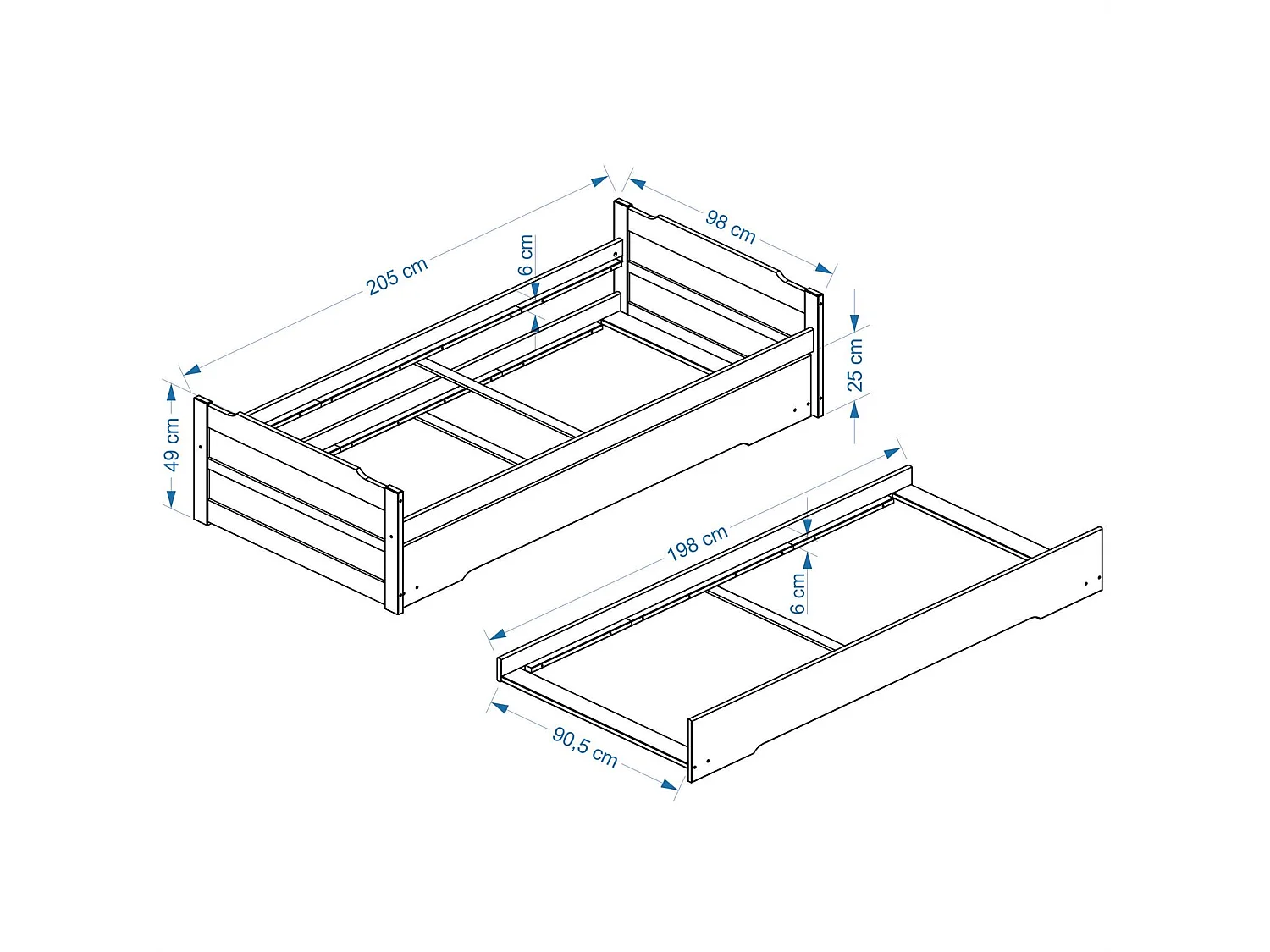 Lit gigogne LORENA 1 personne tiroir lit fonctionnel 90 x 200 cm pin massif lasuré blanc