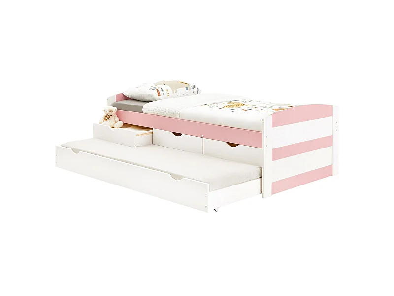 Lit gigogne JESSY lit enfant fonctionnel avec tiroir-lit et rangement 3 tiroirs, couchage 90x190 cm, en pin massif lasuré blanc/rose