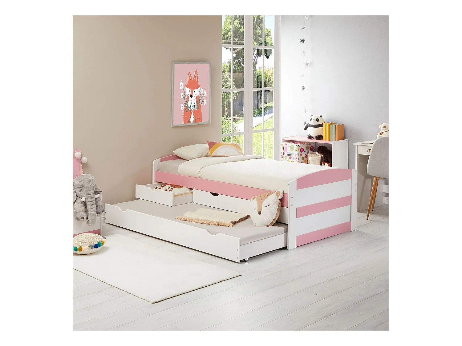 Lit gigogne JESSY lit enfant fonctionnel avec tiroir-lit et rangement 3 tiroirs, couchage 90x190 cm, en pin massif lasuré blanc/rose