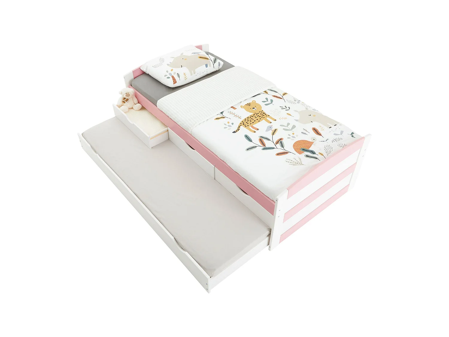 Lit gigogne JESSY lit enfant fonctionnel avec tiroir-lit et rangement 3 tiroirs, couchage 90x190 cm, en pin massif lasuré blanc/rose