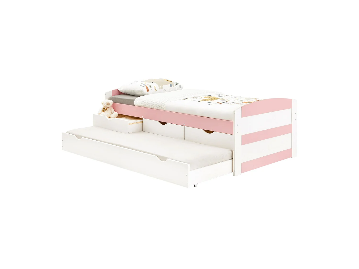 Lit gigogne JESSY lit enfant fonctionnel avec tiroir-lit et rangement 3 tiroirs, couchage 90x190 cm, en pin massif lasuré blanc/rose