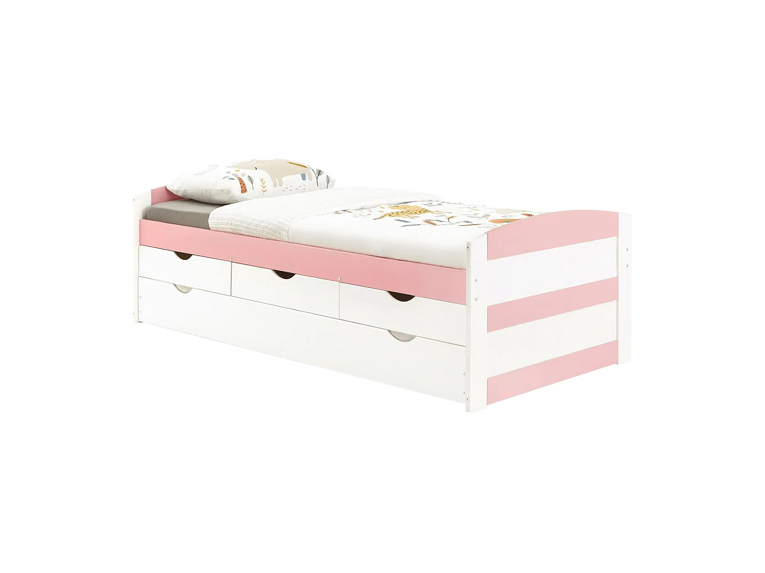 Lit gigogne JESSY lit enfant fonctionnel avec tiroir-lit et rangement 3 tiroirs, couchage 90x190 cm, en pin massif lasuré blanc/rose