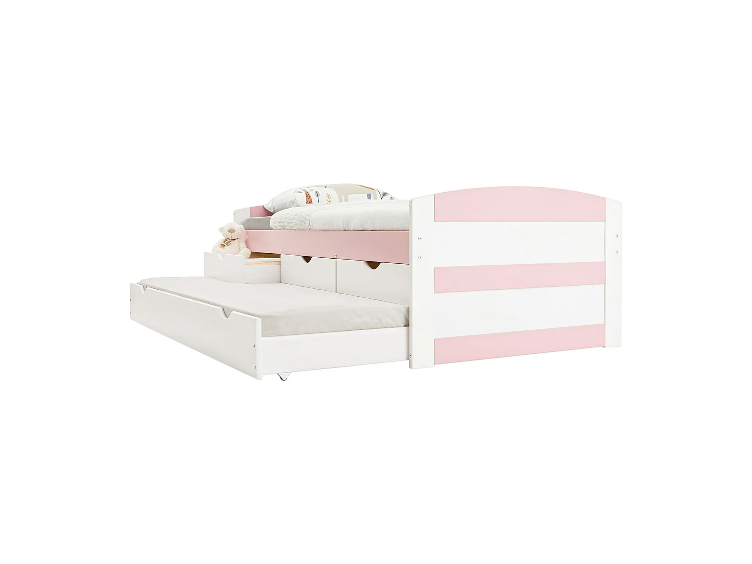 Lit gigogne JESSY lit enfant fonctionnel avec tiroir-lit et rangement 3 tiroirs, couchage 90x190 cm, en pin massif lasuré blanc/rose