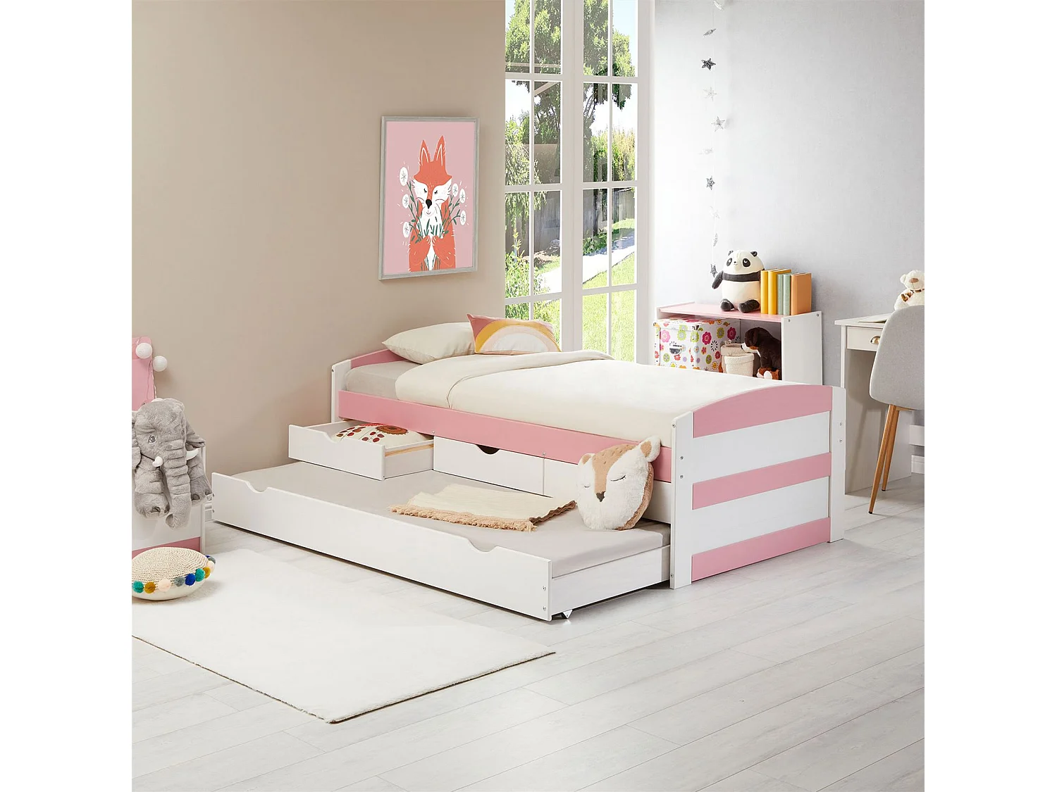 Lit gigogne JESSY lit enfant fonctionnel avec tiroir-lit et rangement 3 tiroirs, couchage 90x190 cm, en pin massif lasuré blanc/rose