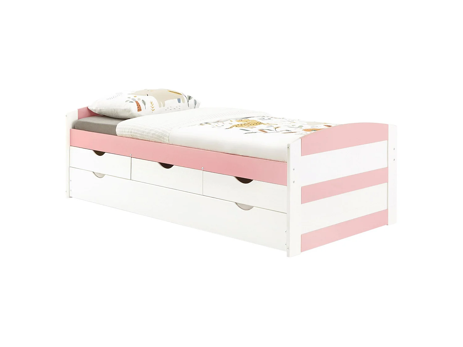 Lit gigogne JESSY lit enfant fonctionnel avec tiroir-lit et rangement 3 tiroirs, couchage 90x190 cm, en pin massif lasuré blanc/rose