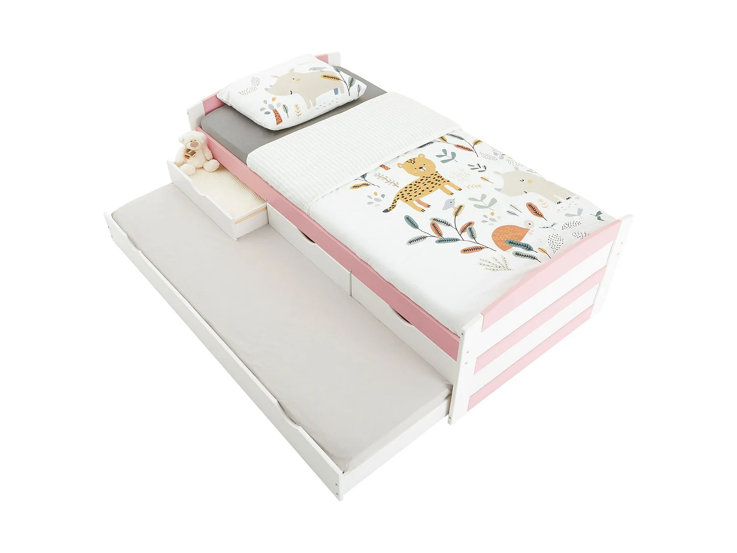 Lit gigogne JESSY lit enfant fonctionnel avec tiroir-lit et rangement 3 tiroirs, couchage 90x190 cm, en pin massif lasuré blanc/rose