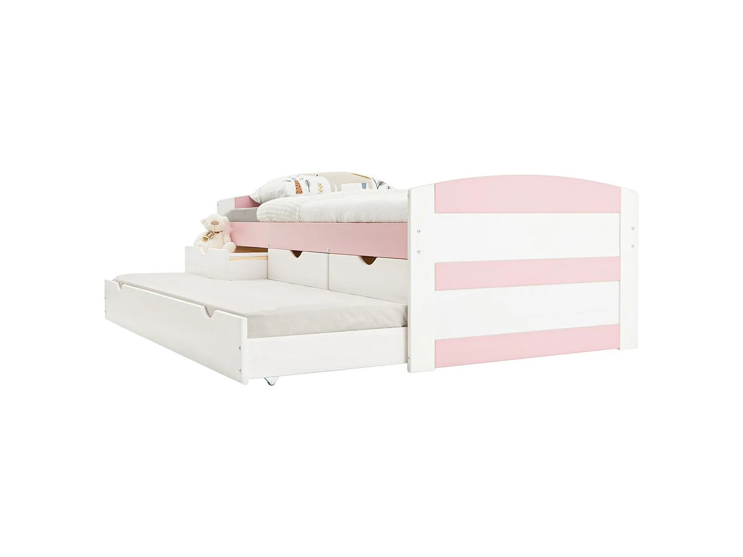 Lit gigogne JESSY lit enfant fonctionnel avec tiroir-lit et rangement 3 tiroirs, couchage 90x190 cm, en pin massif lasuré blanc/rose