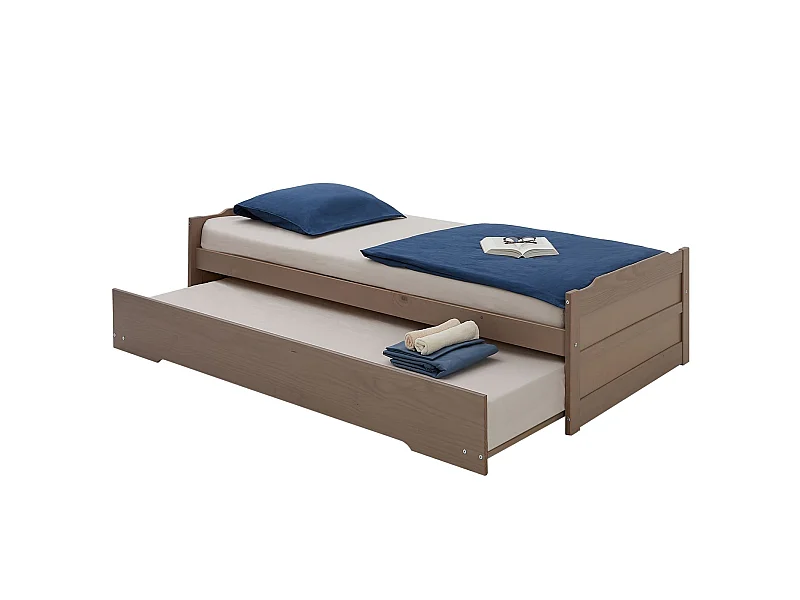 Lit gigogne LORENA 1 place tiroir lit simple fonctionnel pour enfant 90 x 190 cm en  pin massif lasuré taupe