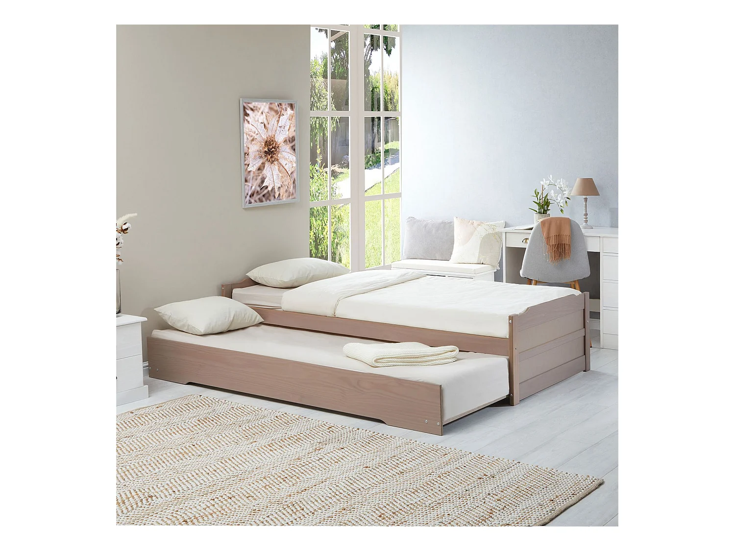 Lit gigogne LORENA 1 place tiroir lit simple fonctionnel pour enfant 90 x 190 cm en  pin massif lasuré taupe