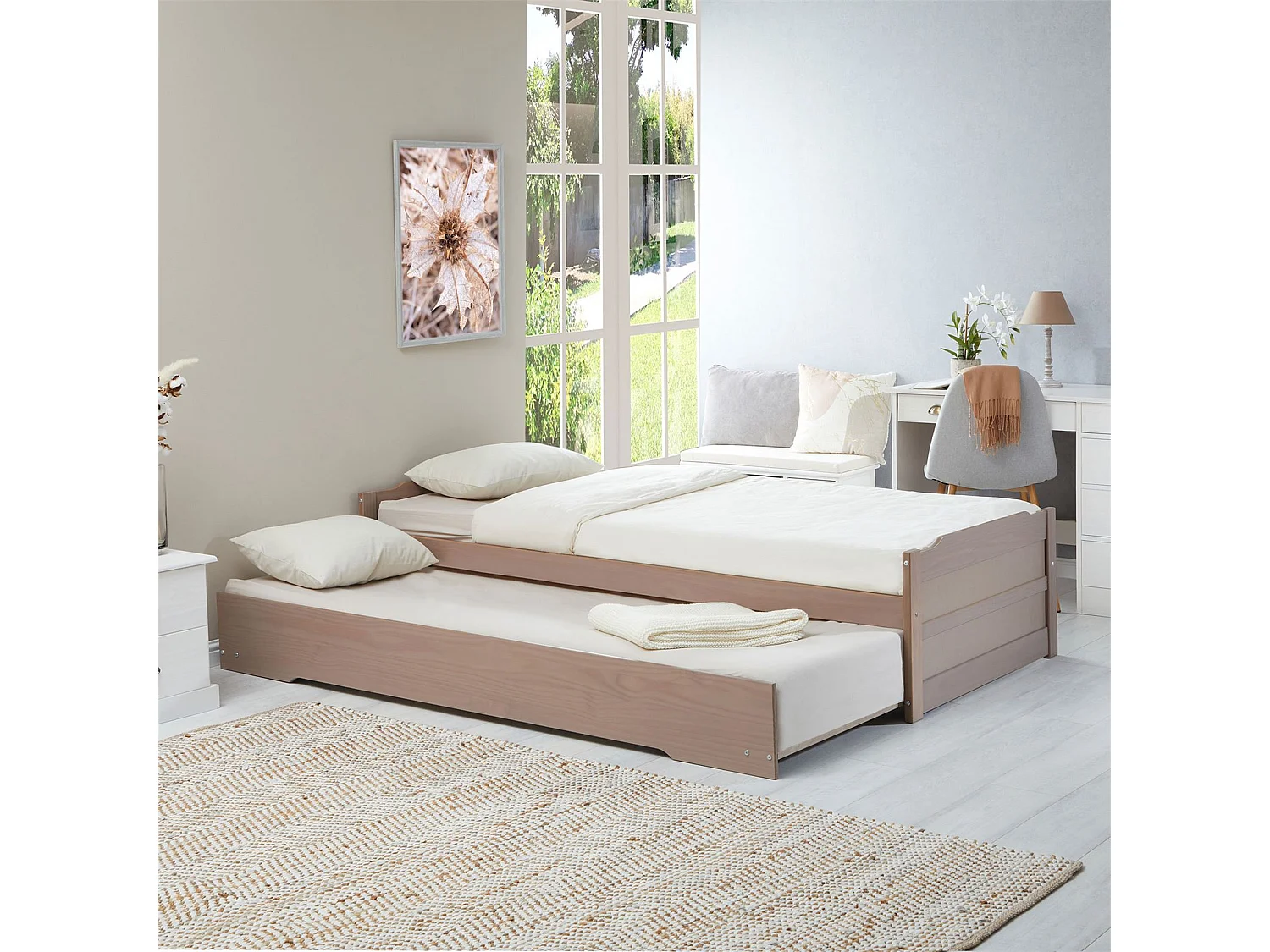 Lit gigogne LORENA 1 place tiroir lit simple fonctionnel pour enfant 90 x 190 cm en  pin massif lasuré taupe