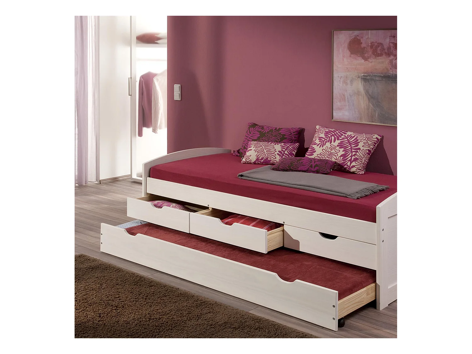 Lit gigogne JULIA 90x200 cm avec rangement et tiroir-lit lit pour enfant en pin massif lasuré blanc