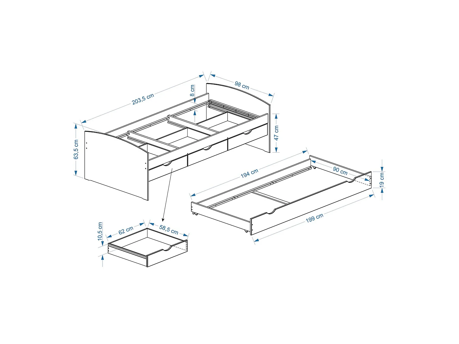 Lit gigogne JULIA 90x200 cm avec rangement et tiroir-lit lit pour enfant en pin massif lasuré blanc