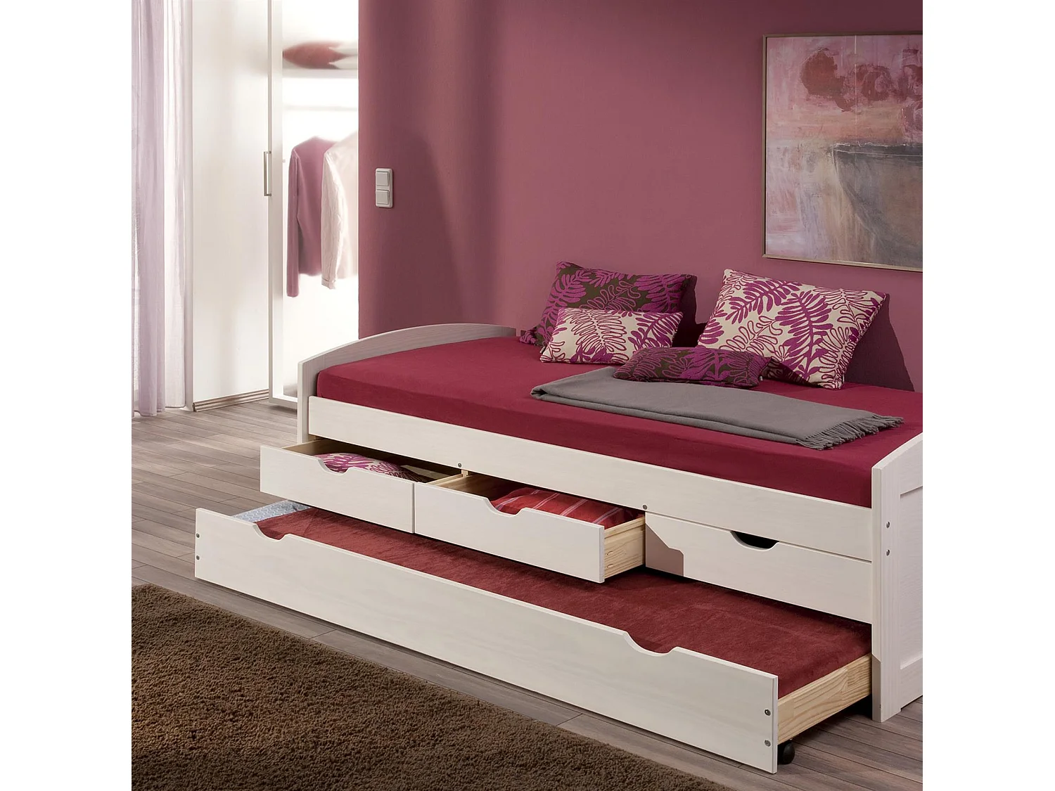 Lit gigogne JULIA 90x200 cm avec rangement et tiroir-lit lit pour enfant en pin massif lasuré blanc