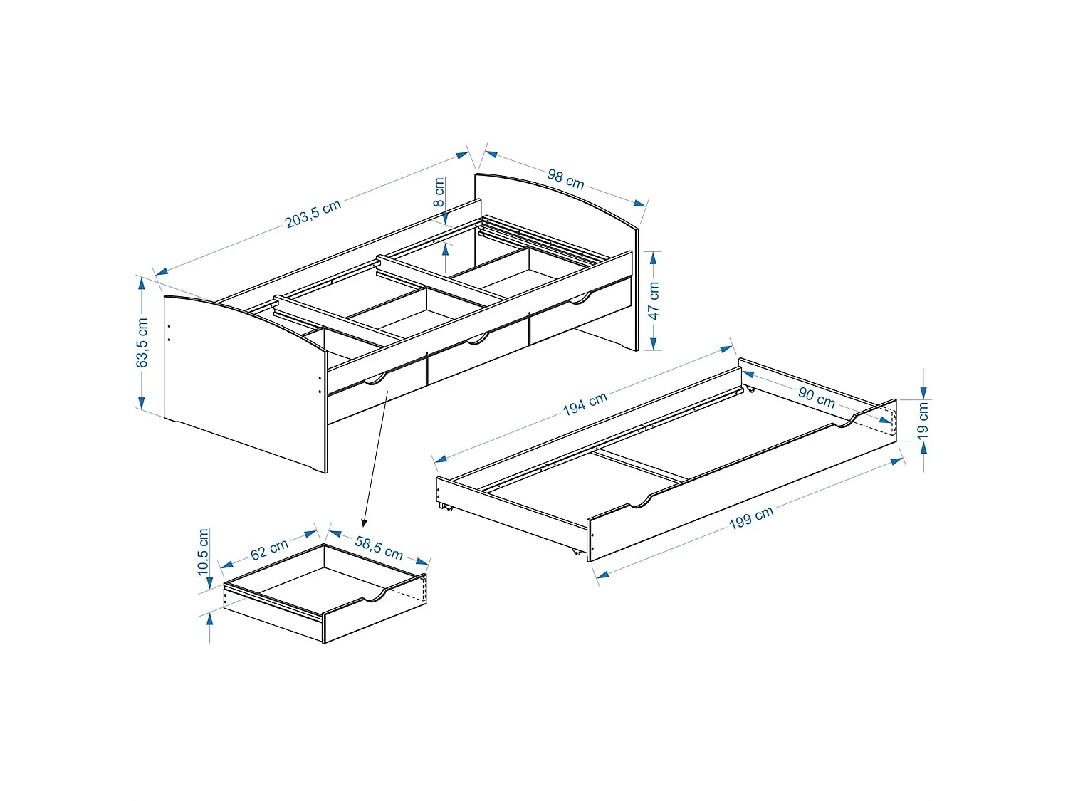 Lit gigogne JULIA 90x200 cm avec rangement et tiroir-lit lit pour enfant en pin massif lasuré blanc