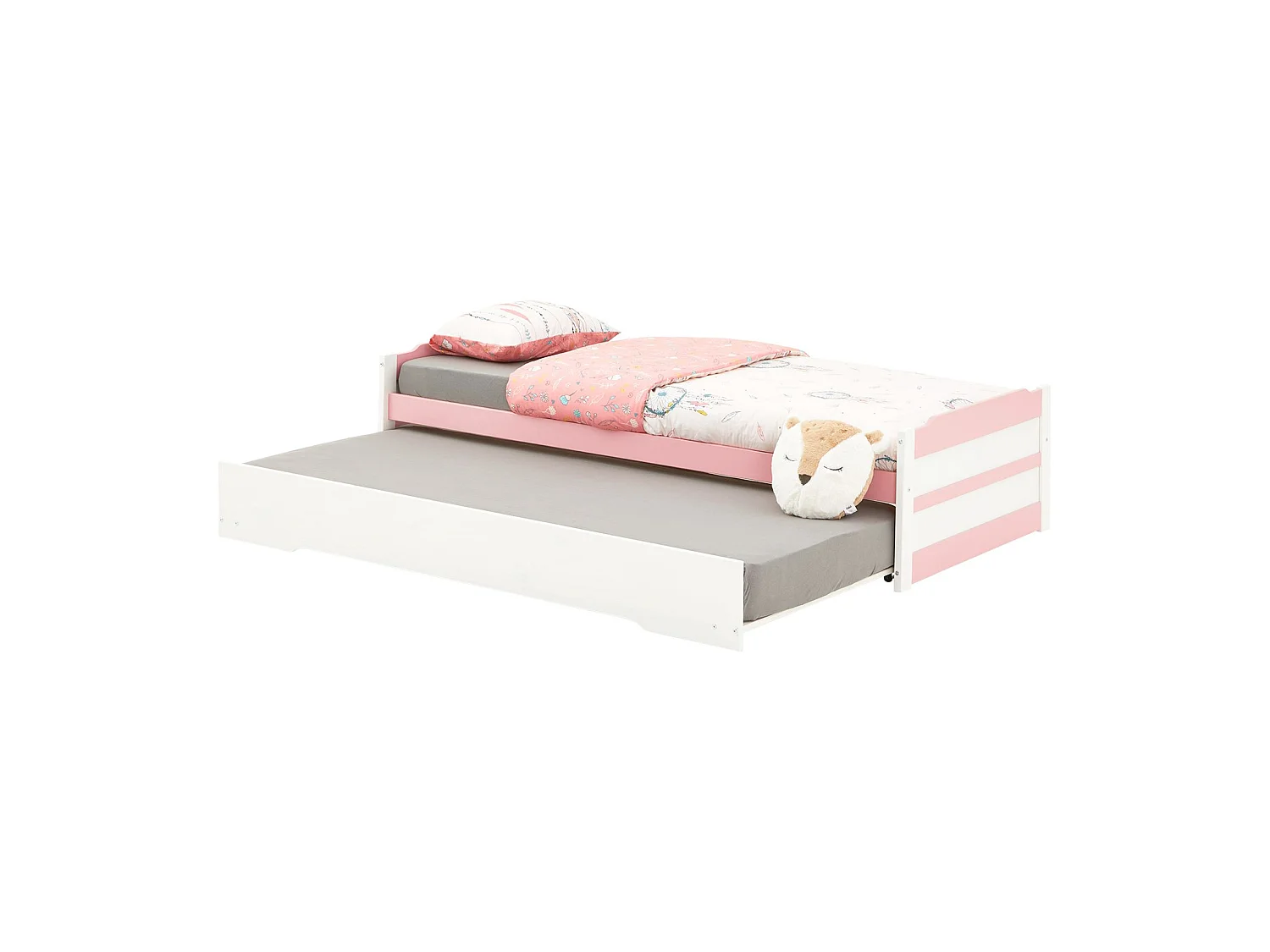 Lit gigogne LORENA 1 personne tiroir lit fonctionnel 90 x 190 cm pin massif lasuré blanc et rose