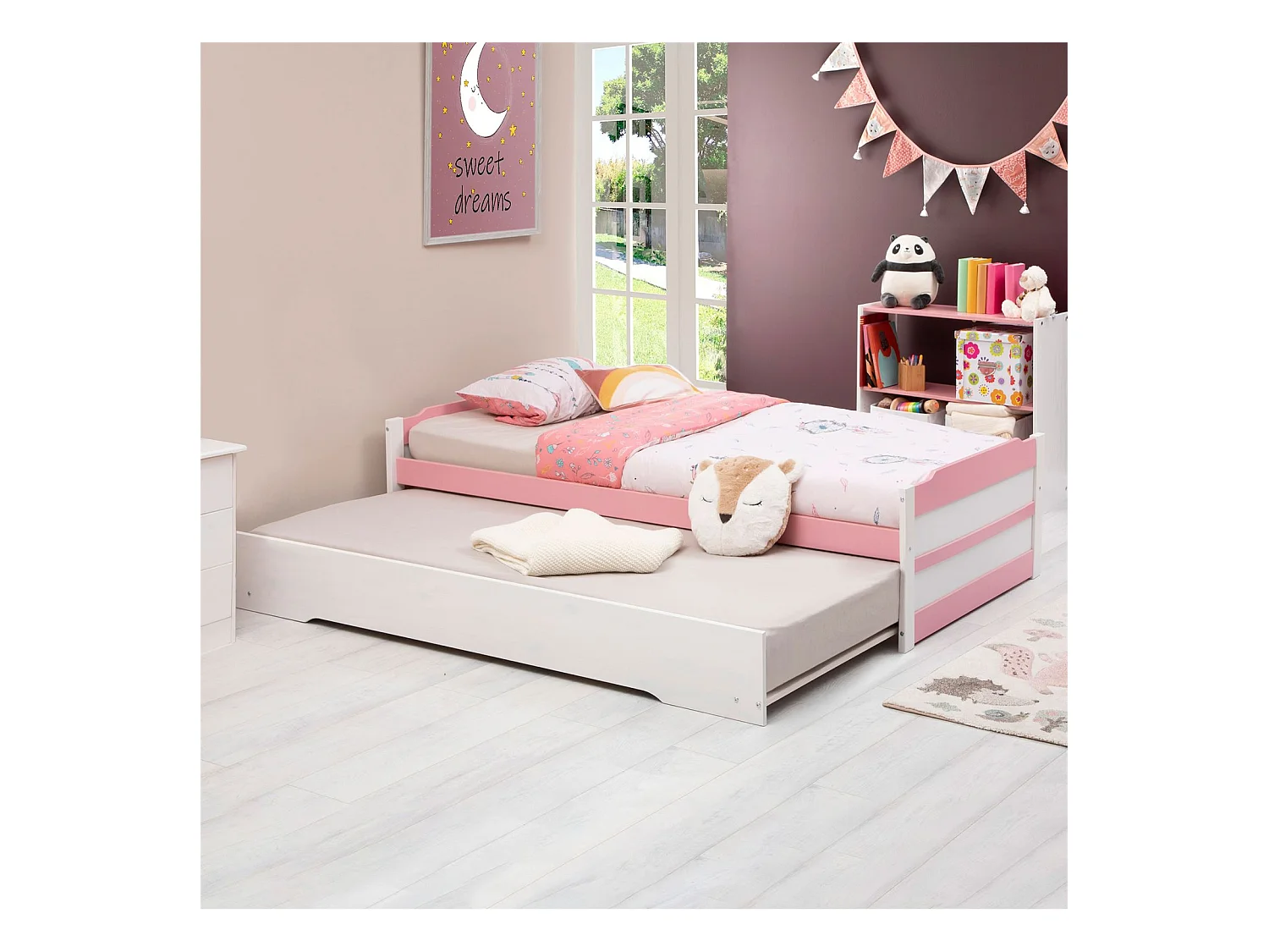 Lit gigogne LORENA 1 personne tiroir lit fonctionnel 90 x 190 cm pin massif lasuré blanc et rose