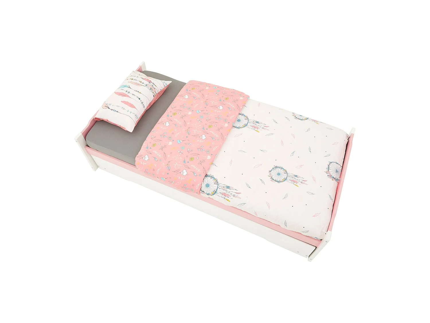 Lit gigogne LORENA 1 personne tiroir lit fonctionnel 90 x 190 cm pin massif lasuré blanc et rose