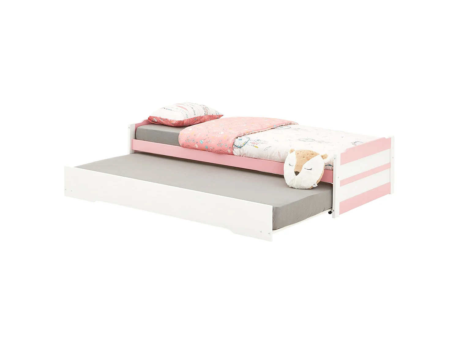 Lit gigogne LORENA 1 personne tiroir lit fonctionnel 90 x 190 cm pin massif lasuré blanc et rose