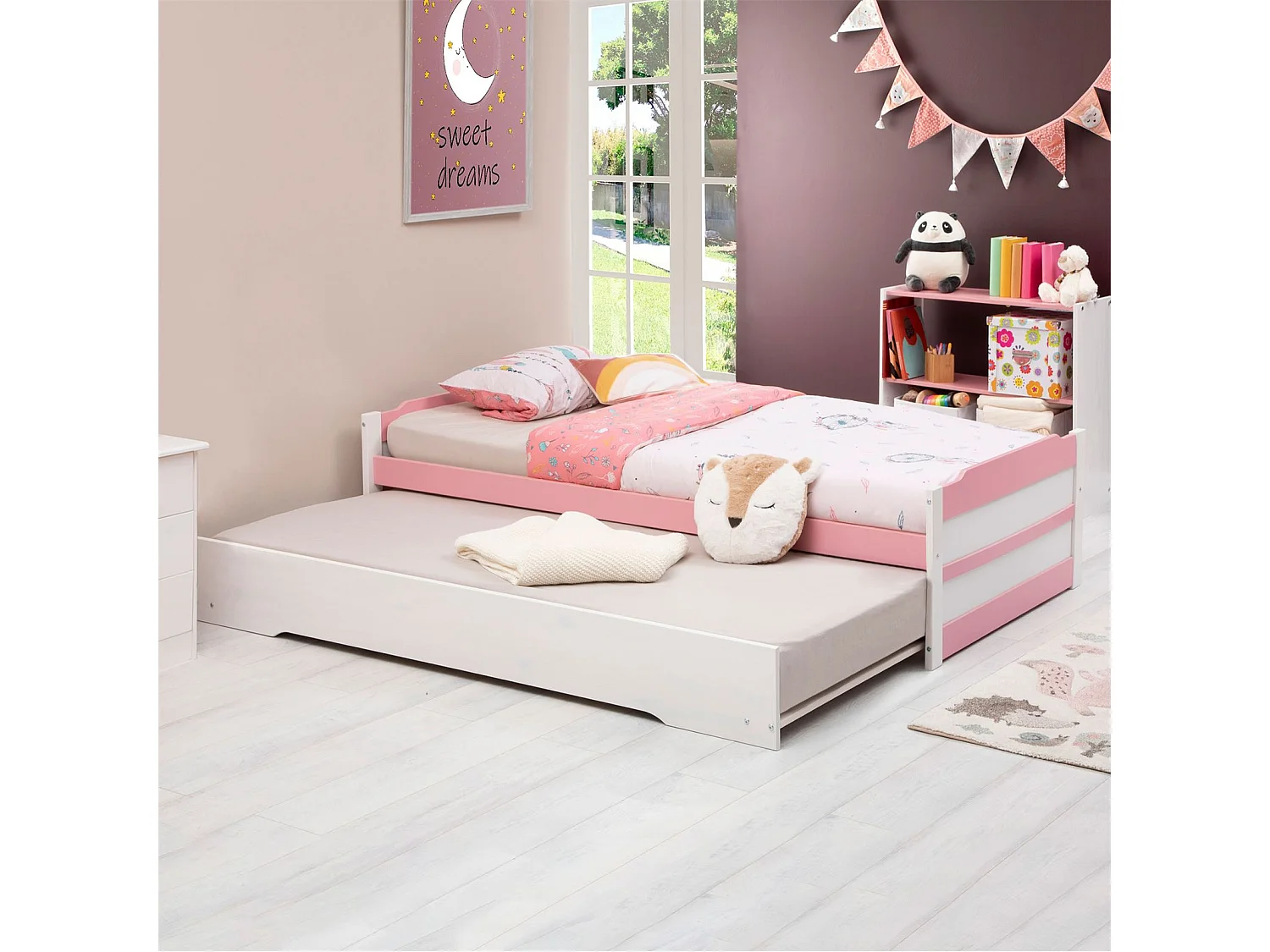 Lit gigogne LORENA 1 personne tiroir lit fonctionnel 90 x 190 cm pin massif lasuré blanc et rose