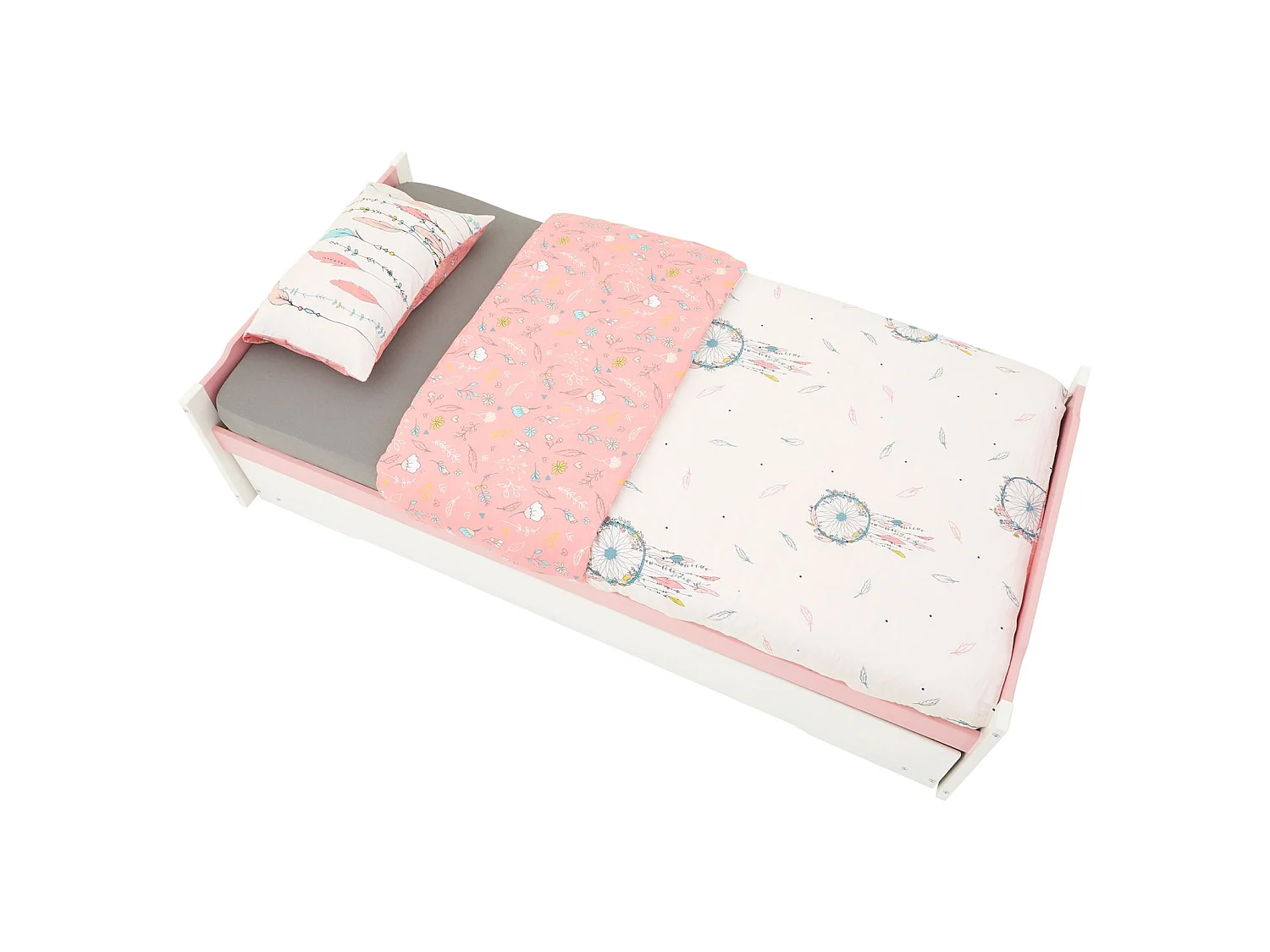 Lit gigogne LORENA 1 personne tiroir lit fonctionnel 90 x 190 cm pin massif lasuré blanc et rose