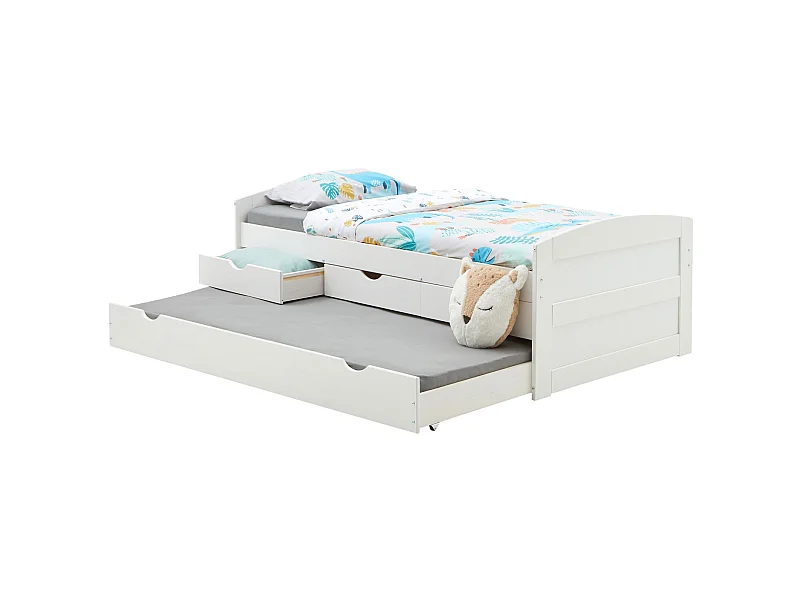 Lit gigogne JESSY lit enfant fonctionnel avec tiroir-lit et rangement 3 tiroirs, couchage 90x190 cm, en pin massif lasuré blanc