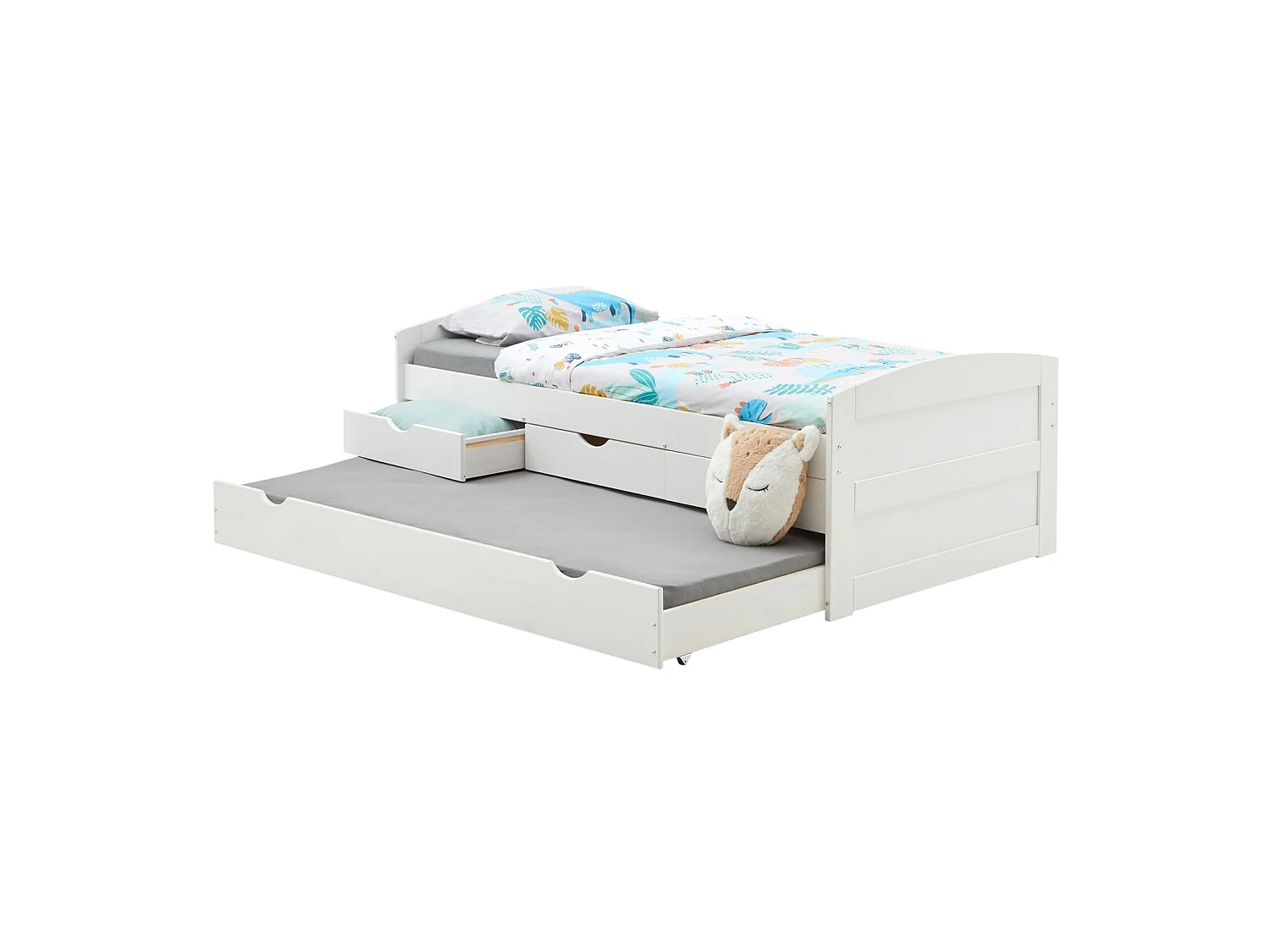 Lit gigogne JESSY lit enfant fonctionnel avec tiroir-lit et rangement 3 tiroirs, couchage 90x190 cm, en pin massif lasuré blanc