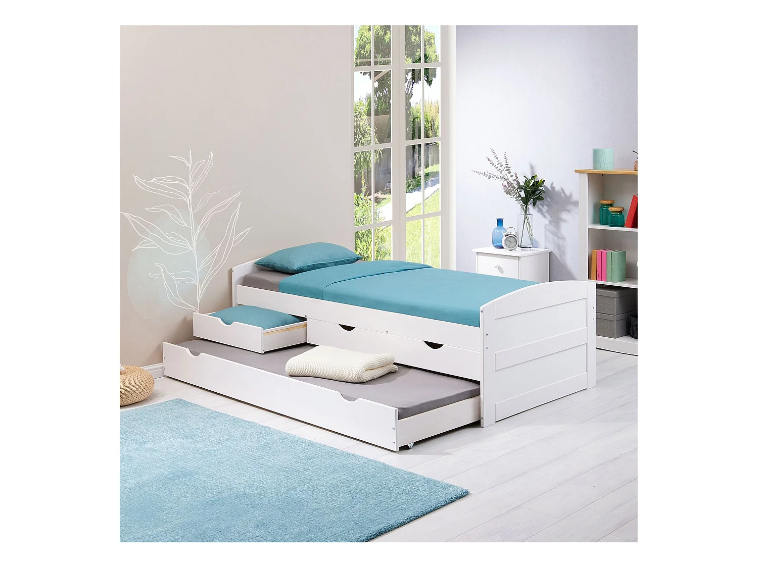 Lit gigogne JESSY lit enfant fonctionnel avec tiroir-lit et rangement 3 tiroirs, couchage 90x190 cm, en pin massif lasuré blanc