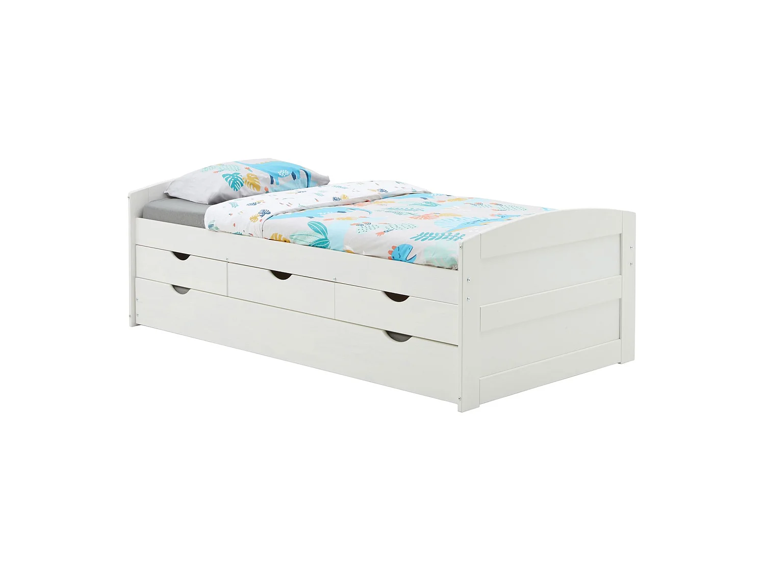 Lit gigogne JESSY lit enfant fonctionnel avec tiroir-lit et rangement 3 tiroirs, couchage 90x190 cm, en pin massif lasuré blanc