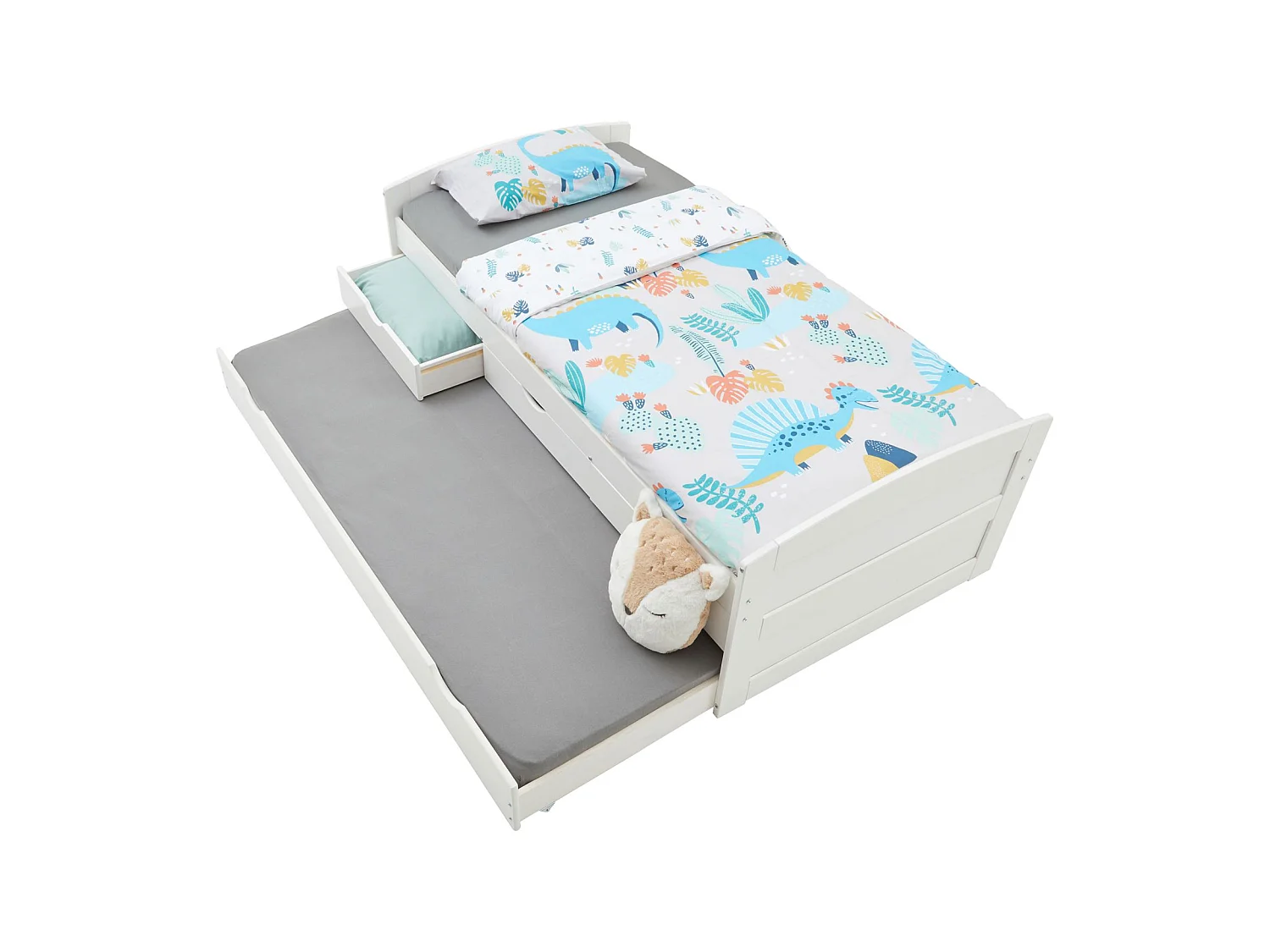 Lit gigogne JESSY lit enfant fonctionnel avec tiroir-lit et rangement 3 tiroirs, couchage 90x190 cm, en pin massif lasuré blanc