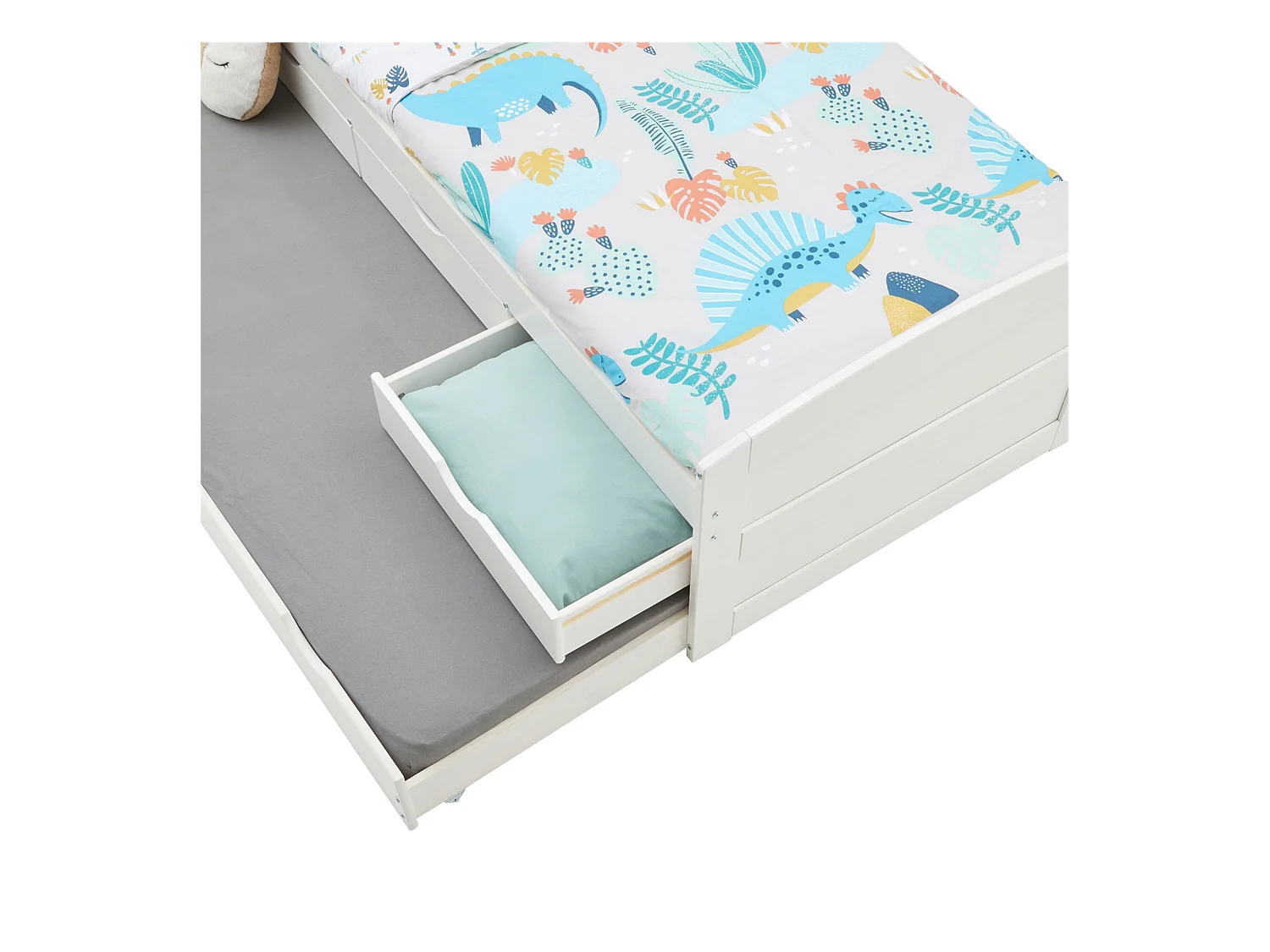 Lit gigogne JESSY lit enfant fonctionnel avec tiroir-lit et rangement 3 tiroirs, couchage 90x190 cm, en pin massif lasuré blanc