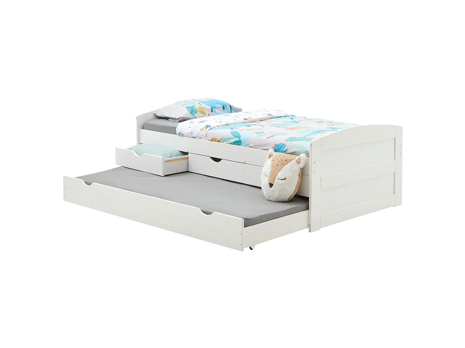 Lit gigogne JESSY lit enfant fonctionnel avec tiroir-lit et rangement 3 tiroirs, couchage 90x190 cm, en pin massif lasuré blanc