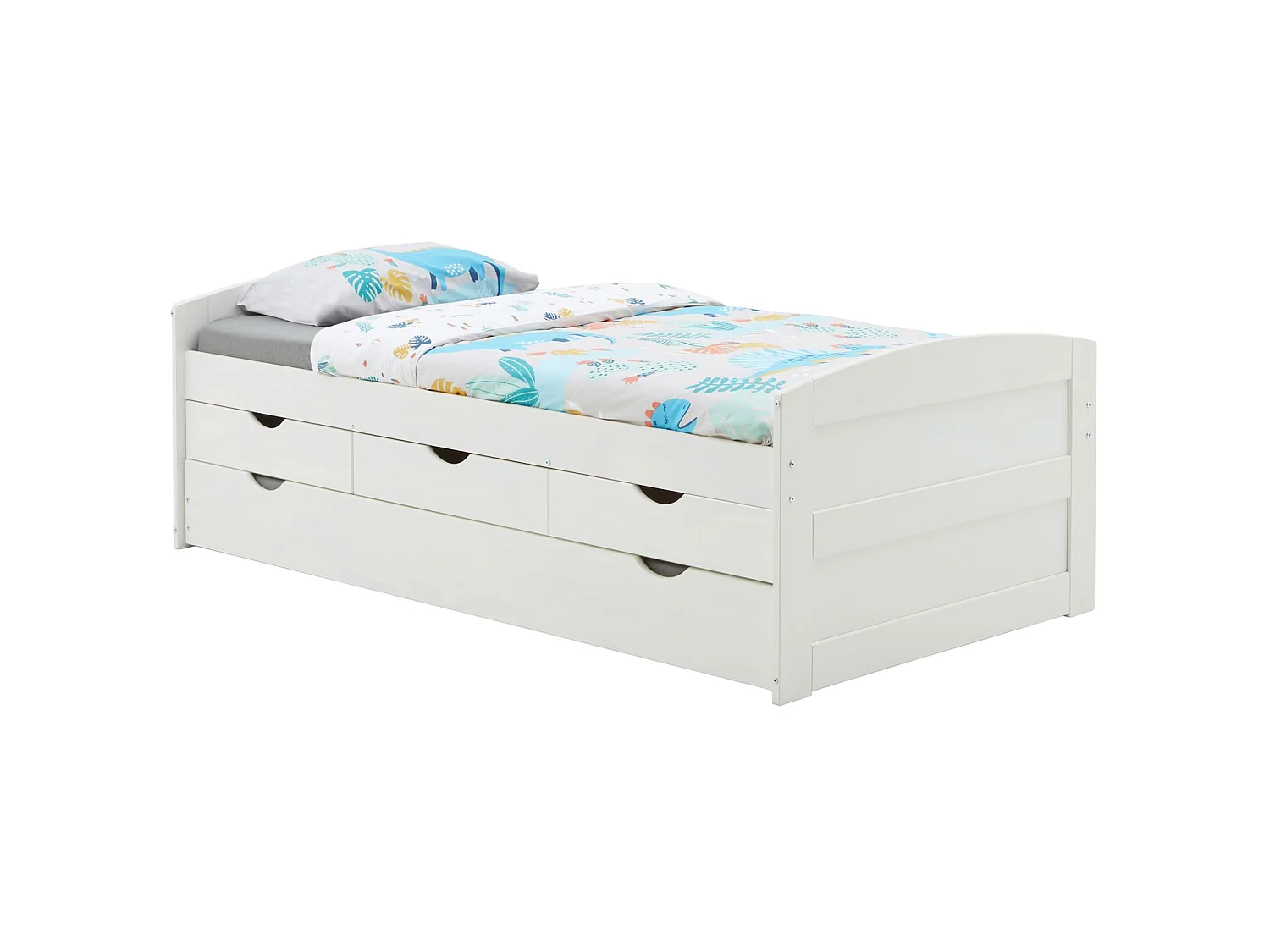 Lit gigogne JESSY lit enfant fonctionnel avec tiroir-lit et rangement 3 tiroirs, couchage 90x190 cm, en pin massif lasuré blanc