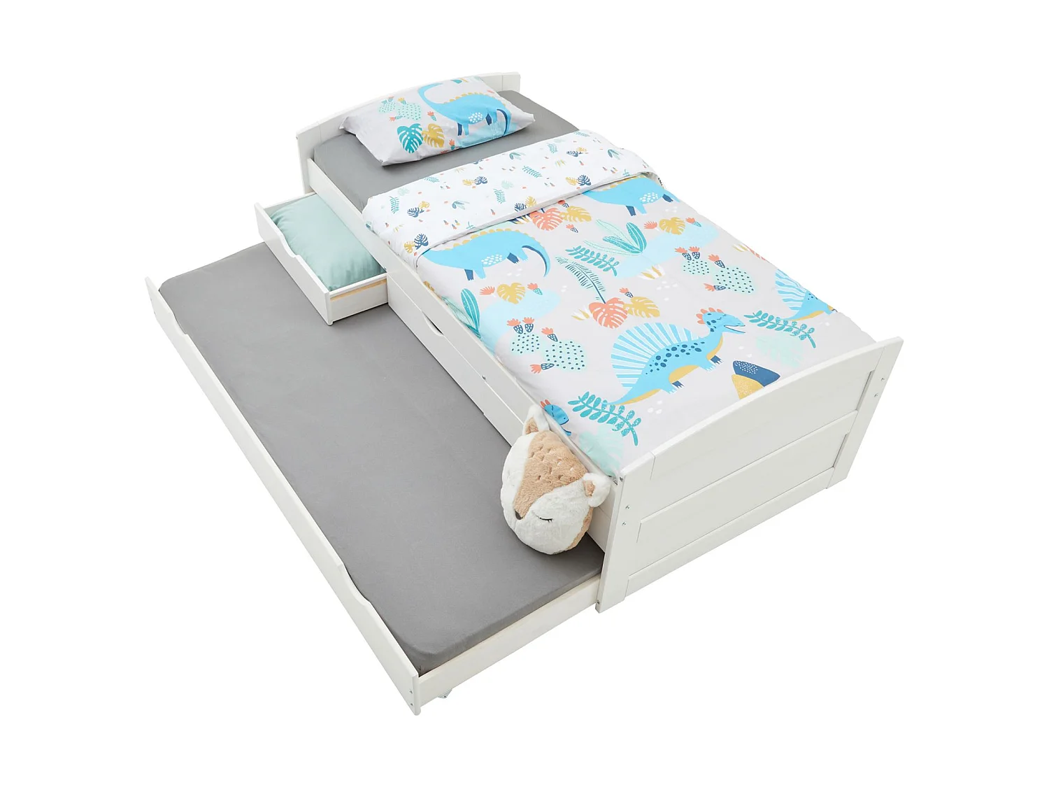 Lit gigogne JESSY lit enfant fonctionnel avec tiroir-lit et rangement 3 tiroirs, couchage 90x190 cm, en pin massif lasuré blanc