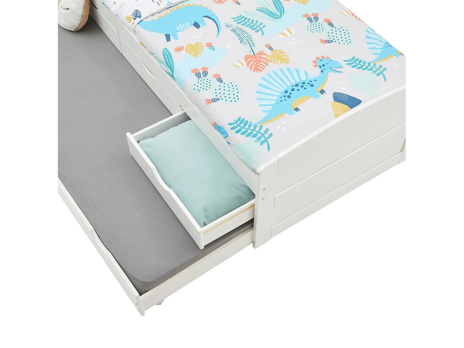 Lit gigogne JESSY lit enfant fonctionnel avec tiroir-lit et rangement 3 tiroirs, couchage 90x190 cm, en pin massif lasuré blanc