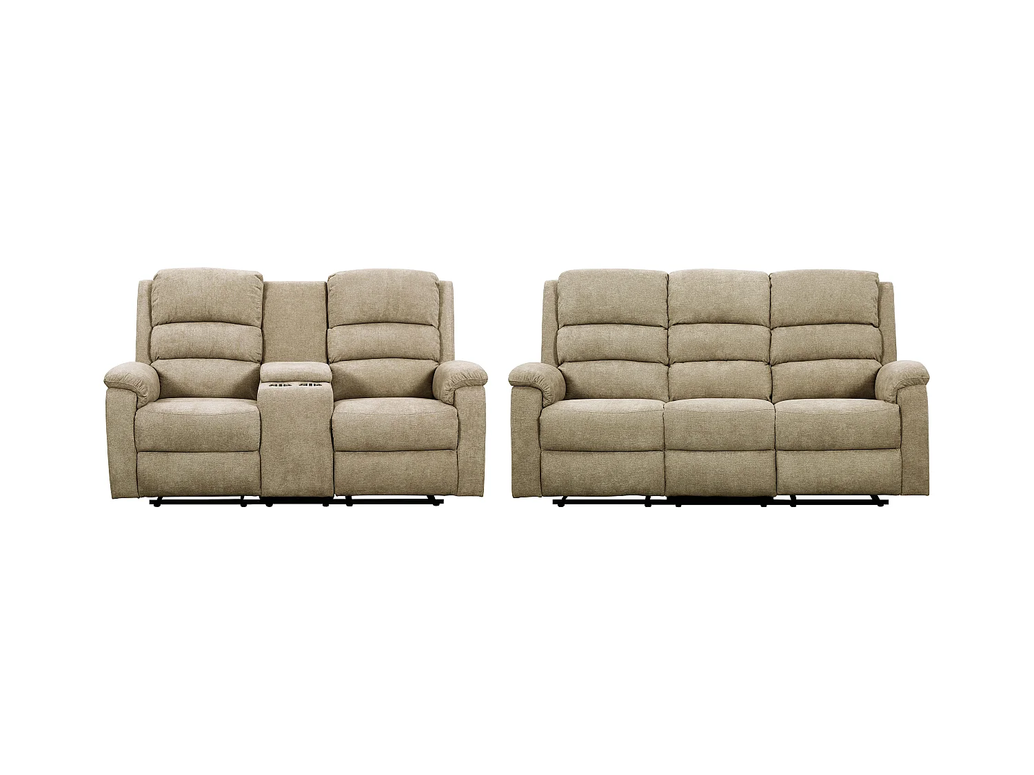Canapés 3 places et 2 places relax électrique en tissu taupe avec tablette NEVERS
