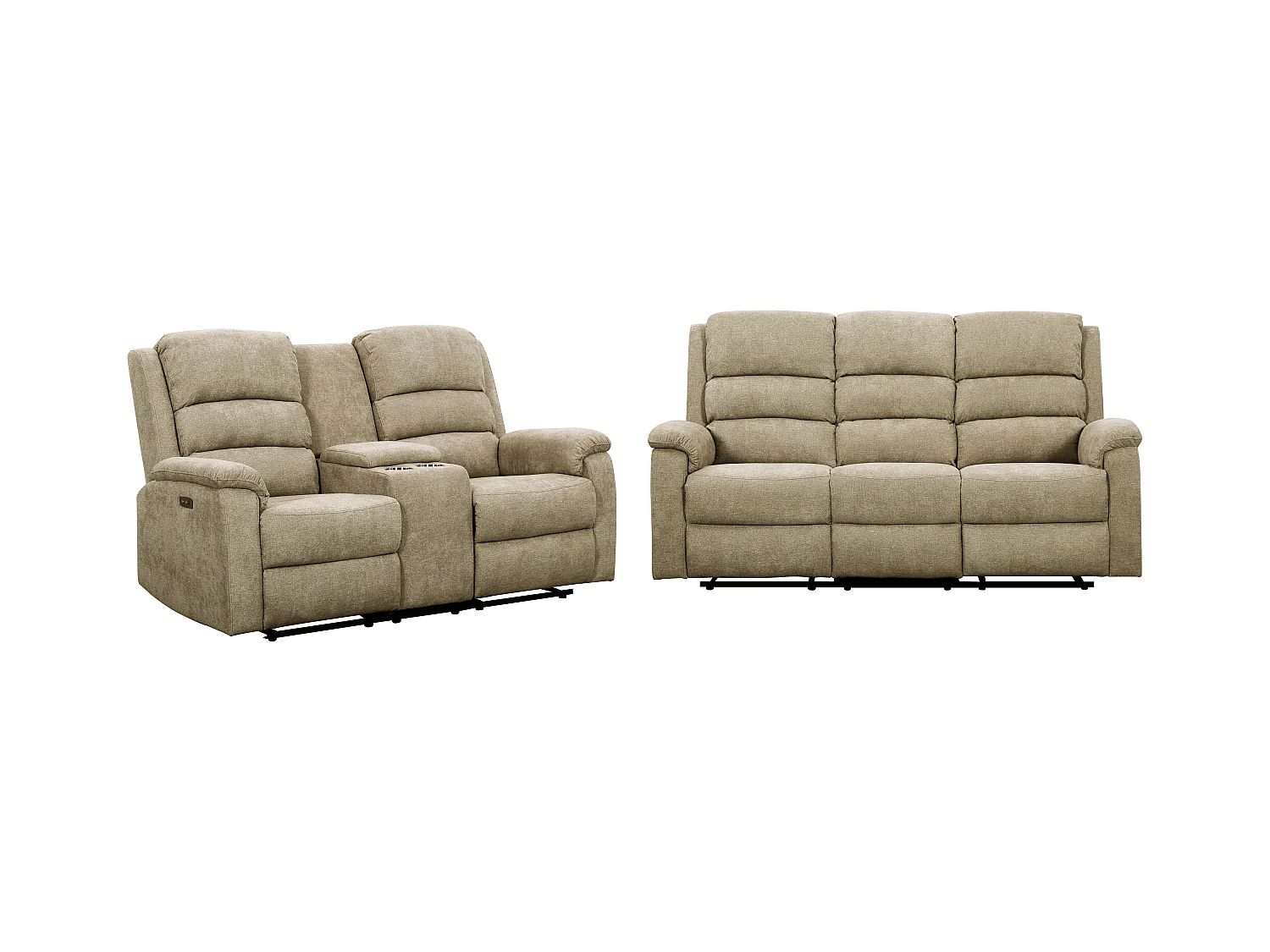Canapés 3 places et 2 places relax électrique en tissu taupe avec tablette NEVERS