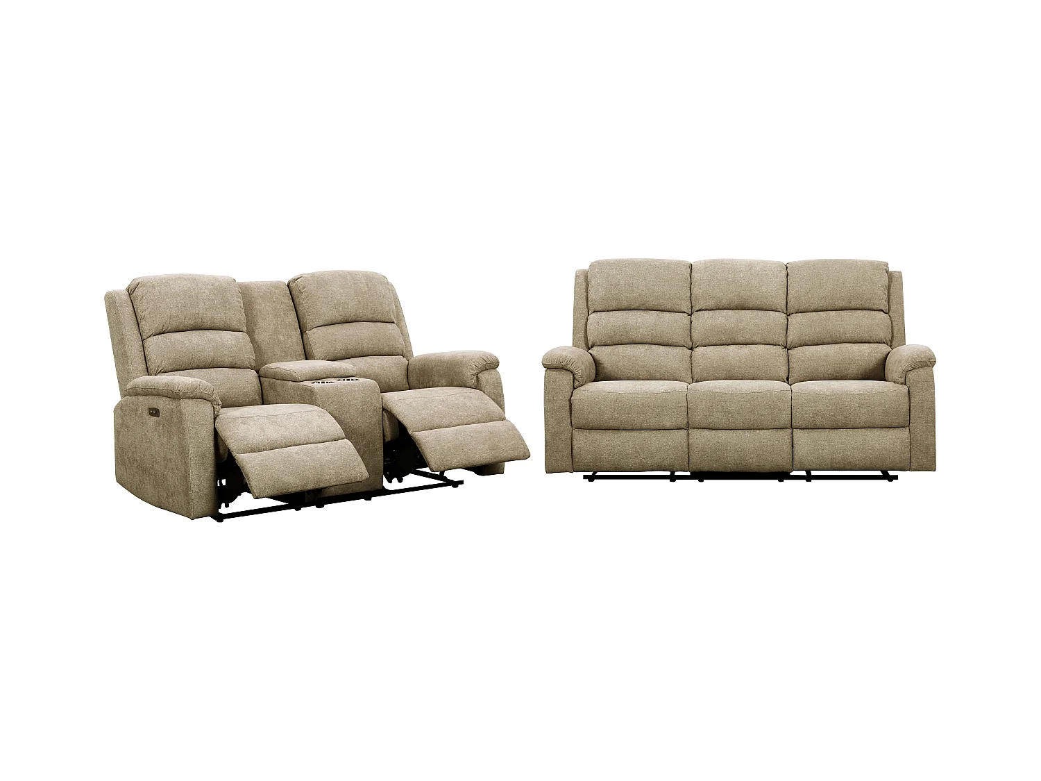 Canapés 3 places et 2 places relax électrique en tissu taupe avec tablette NEVERS