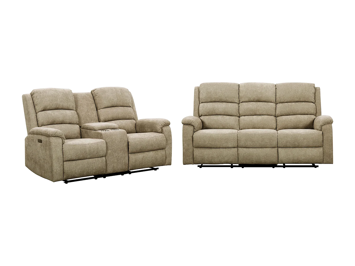 Canapés 3 places et 2 places relax électrique en tissu taupe avec tablette NEVERS