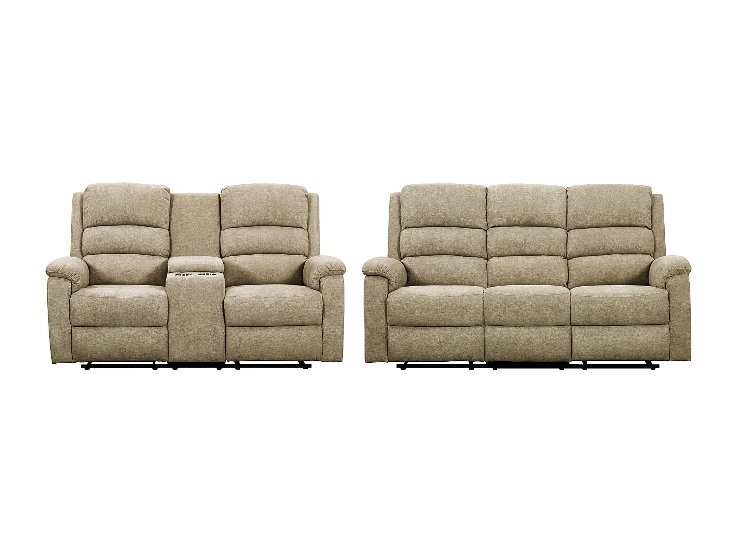 Canapés 3 places et 2 places relax électrique en tissu taupe avec tablette NEVERS