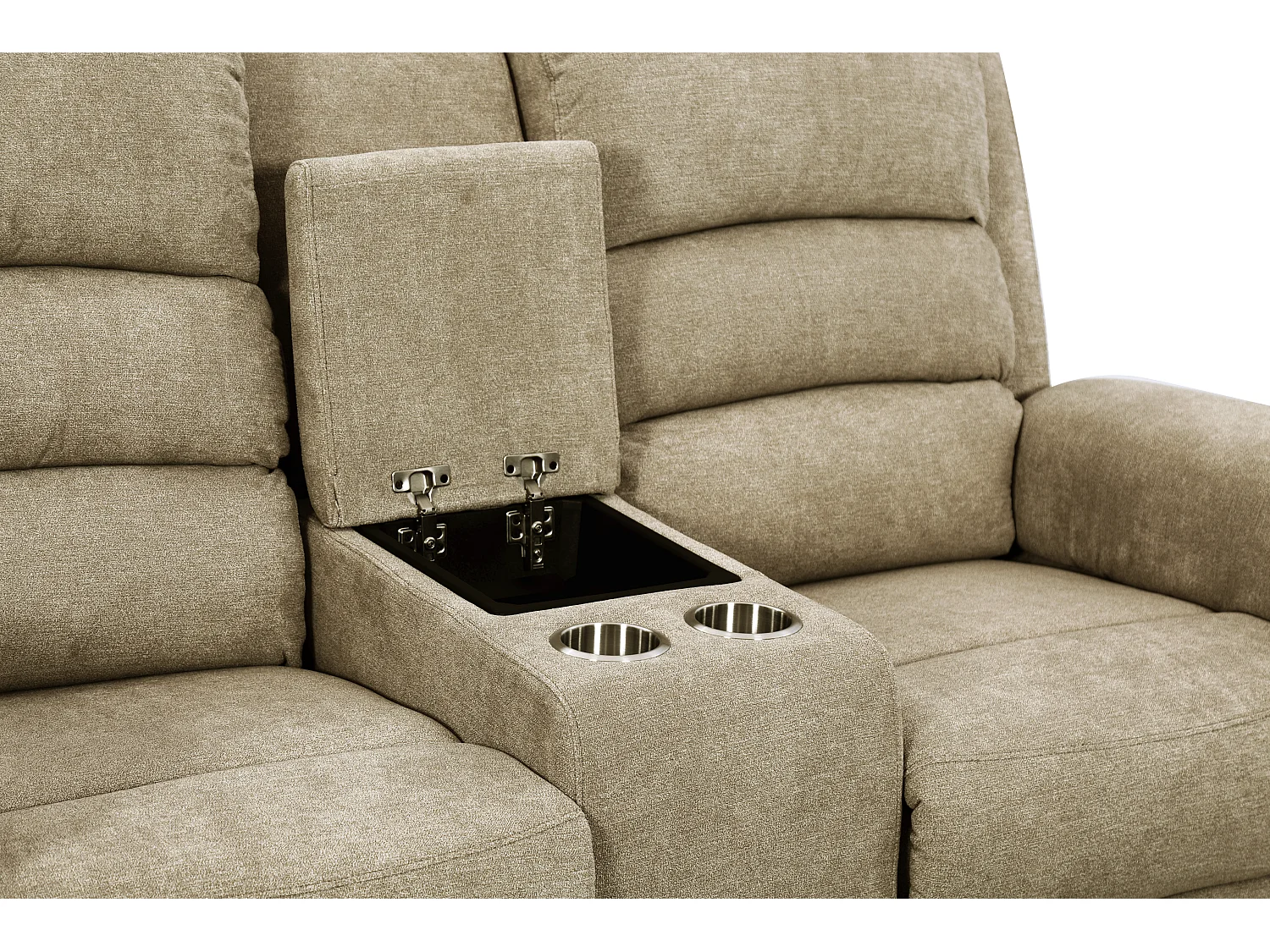 Canapés 3 places et 2 places relax électrique en tissu taupe avec tablette NEVERS