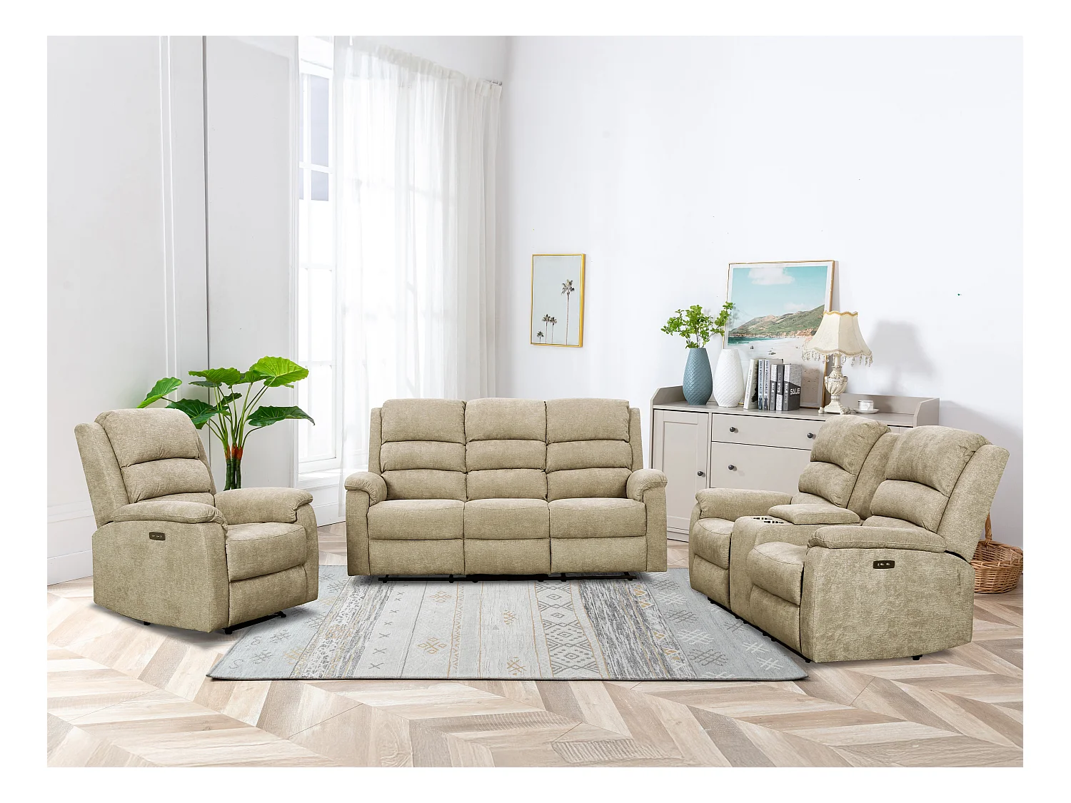 Canapé 3 places et fauteuil relax électrique en tissu taupe NEVERS