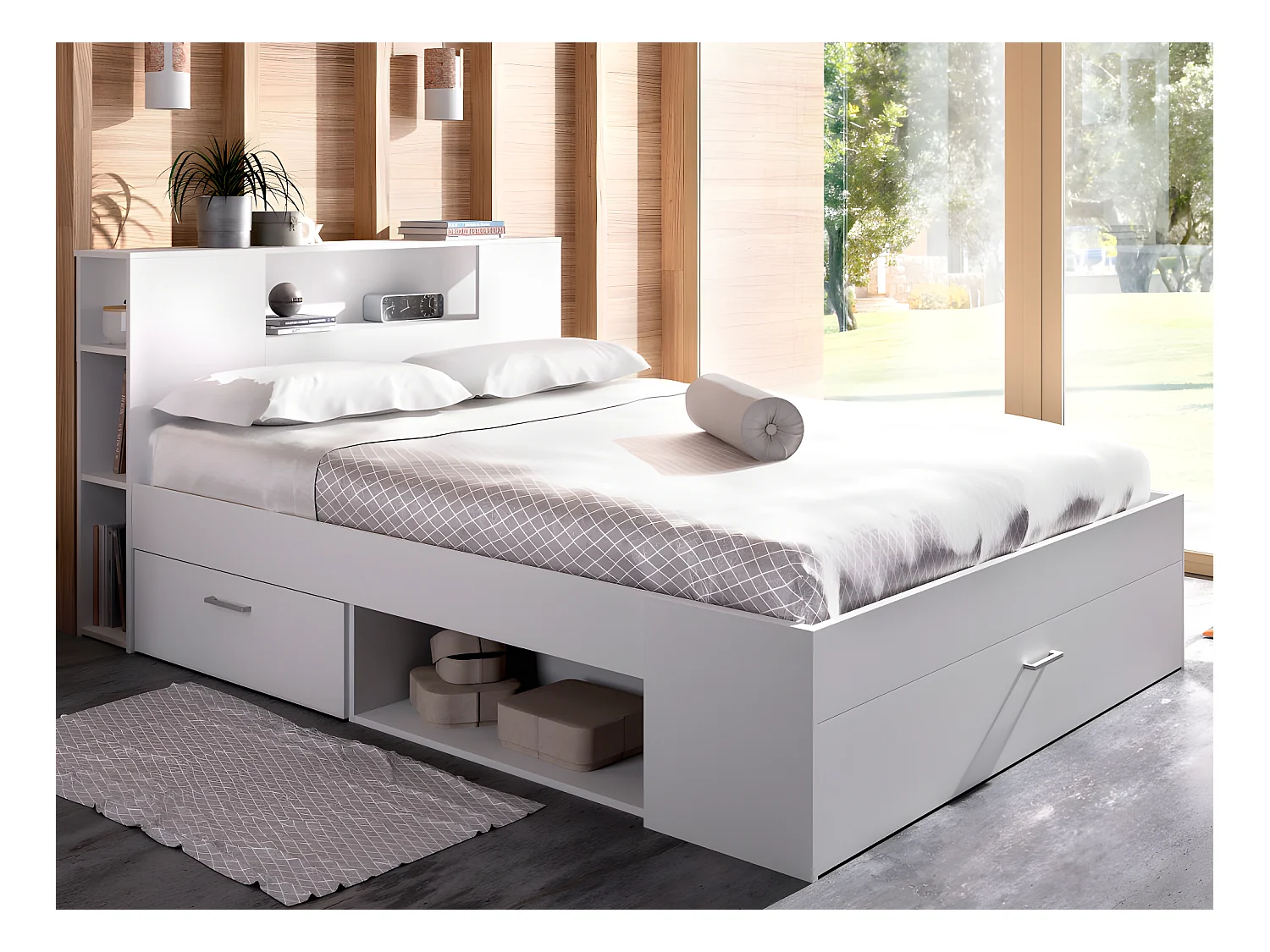 Bett mit Kopfteil, Stauraum & Schubladen + Lattenrost + Matratze - 160 x 200 cm - Weiß - LEANDRE