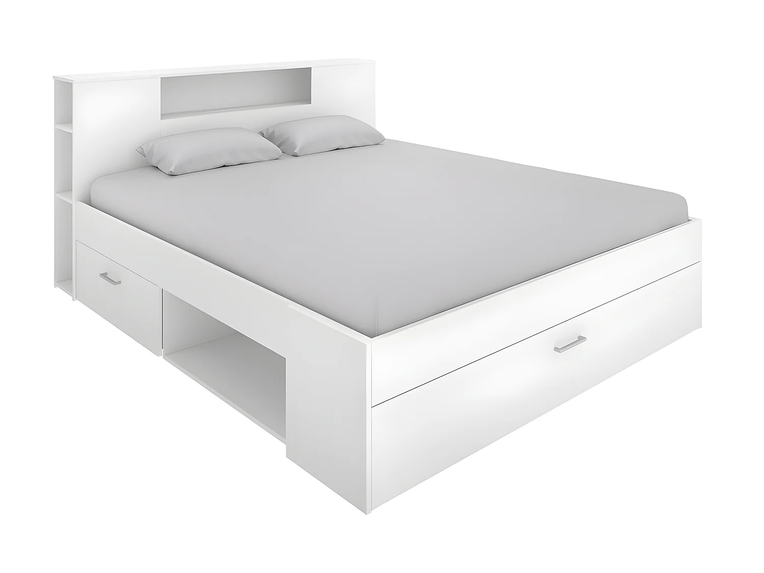 Cama con cabecero con compartimentos y cajones - 160 x 200 cm - Color: blanco + Somier + colchón - LEANDRE