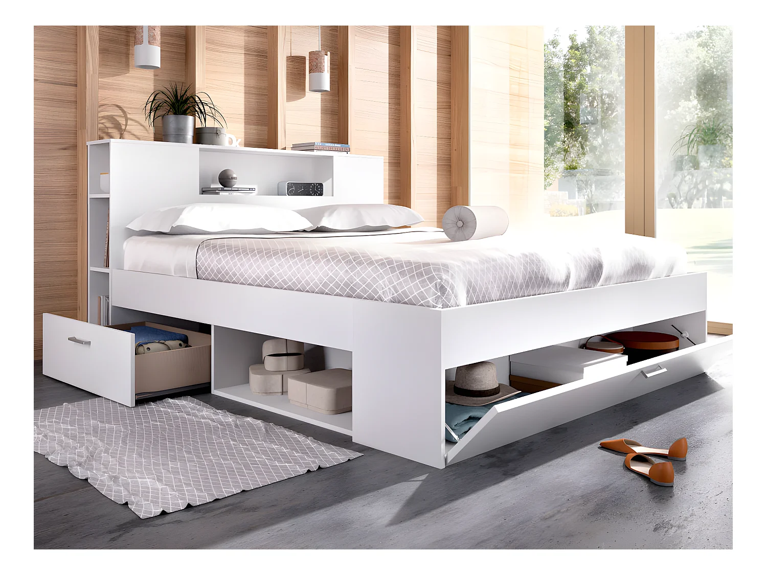 Cama con cabecero con compartimentos y cajones - 160 x 200 cm - Color: blanco + Somier + colchón - LEANDRE
