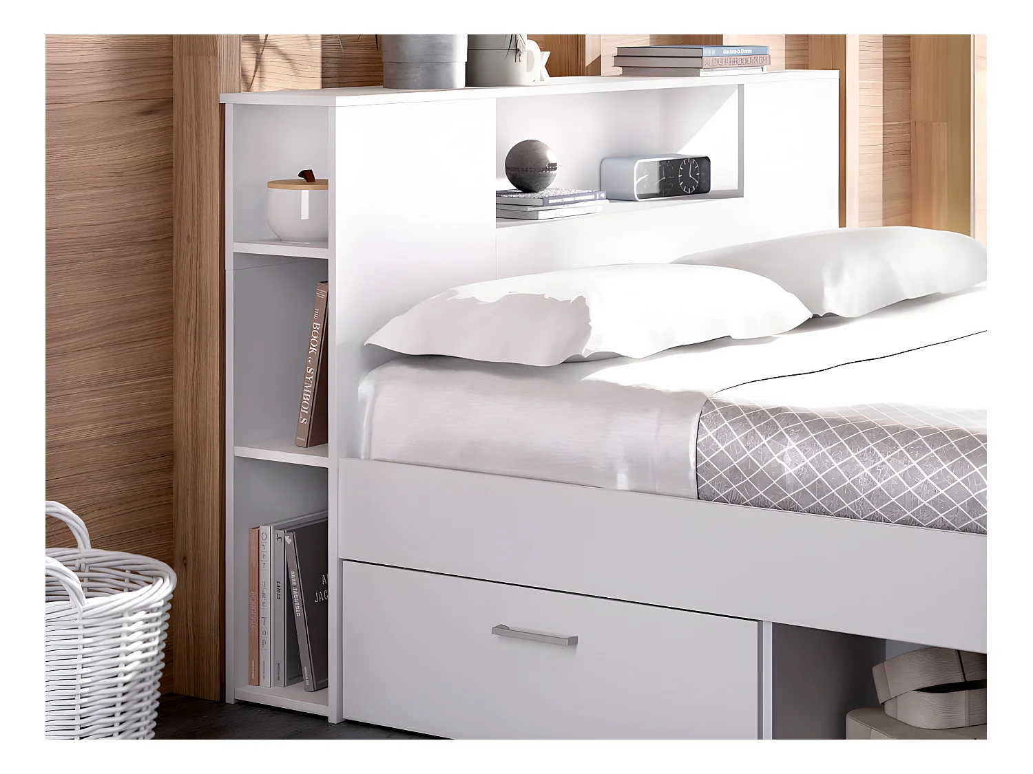 Cama con cabecero con compartimentos y cajones - 160 x 200 cm - Color: blanco + Somier + colchón - LEANDRE